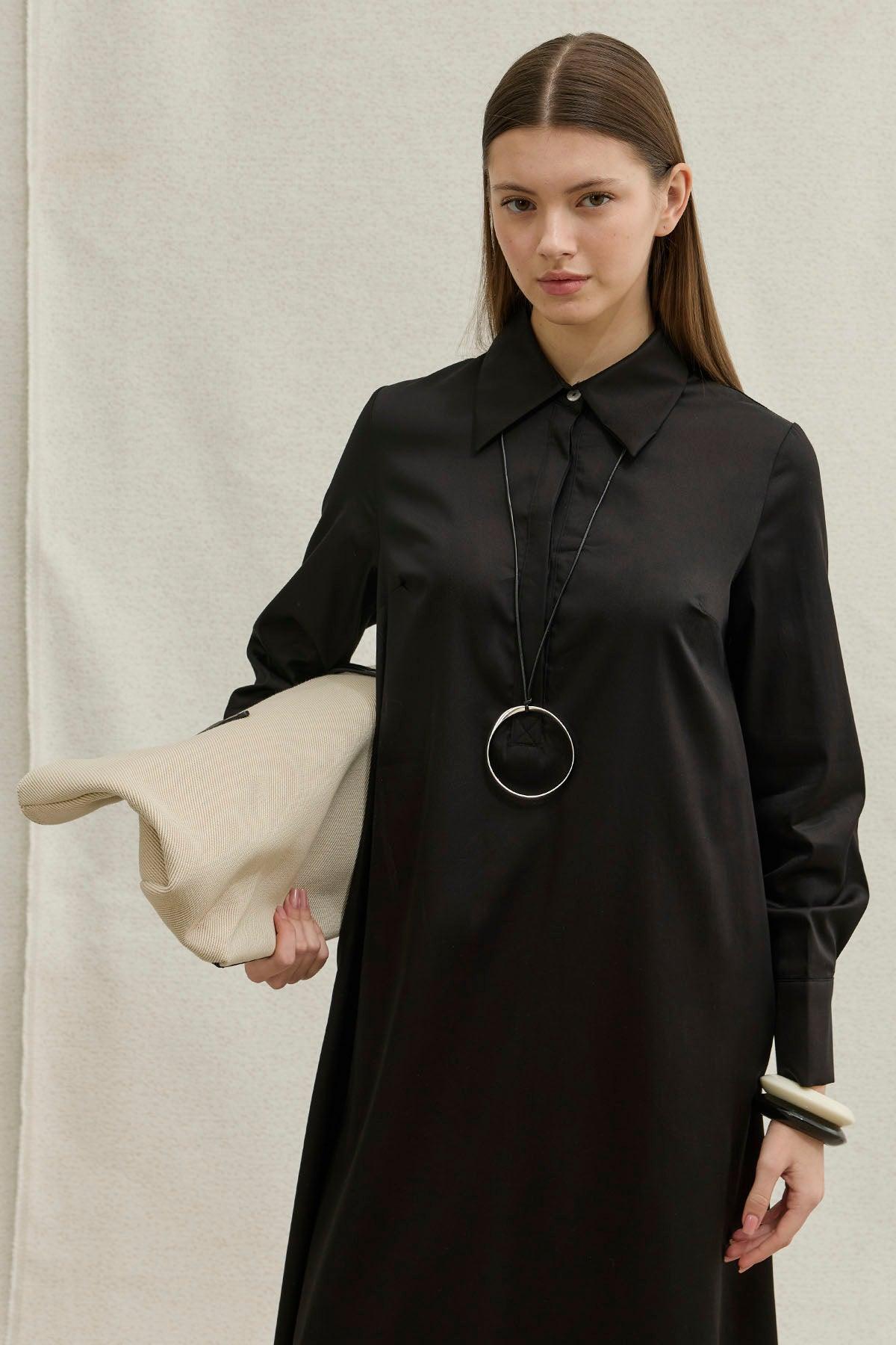 Soft Cotton Half-Buttoned Black Long Shirt Dress
