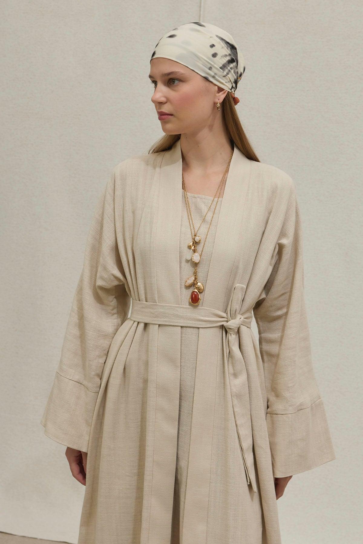 Soft Cotton Keten İkili Takım Taş Abaya