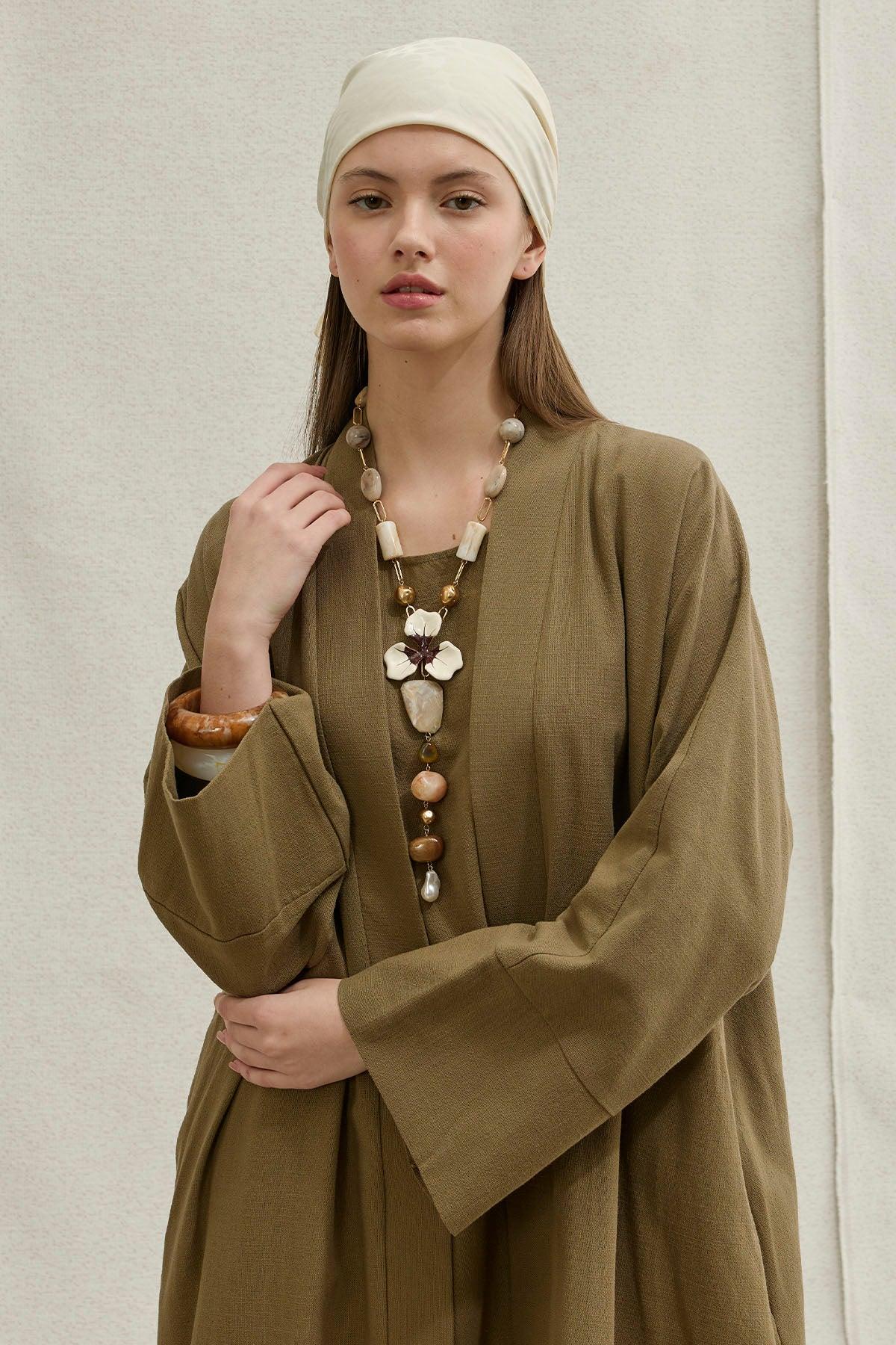 Soft Cotton Keten İkili Takım Haki Abaya