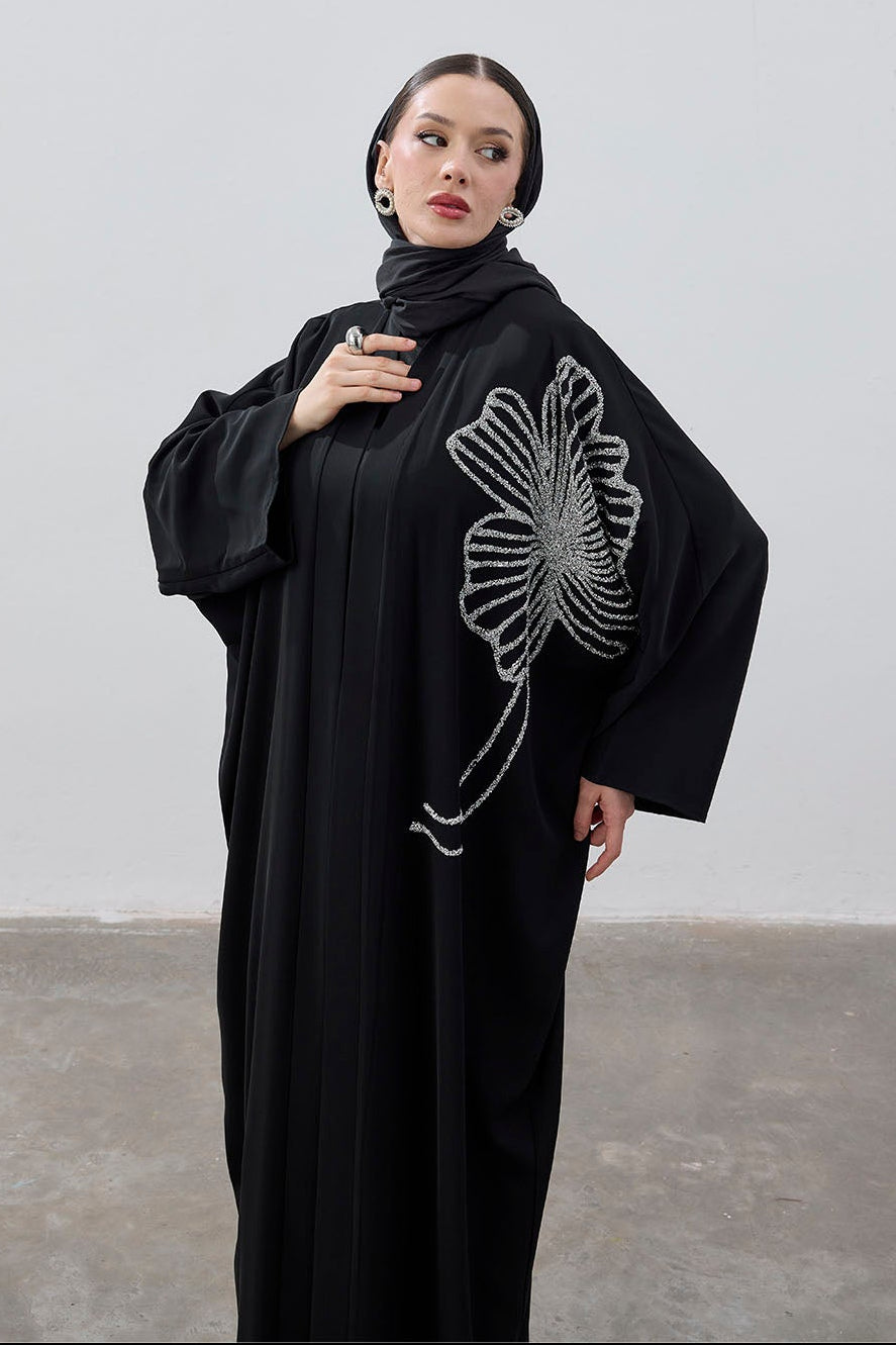 Taş İşlemeli Büyük Çiçek Siyah Abaya