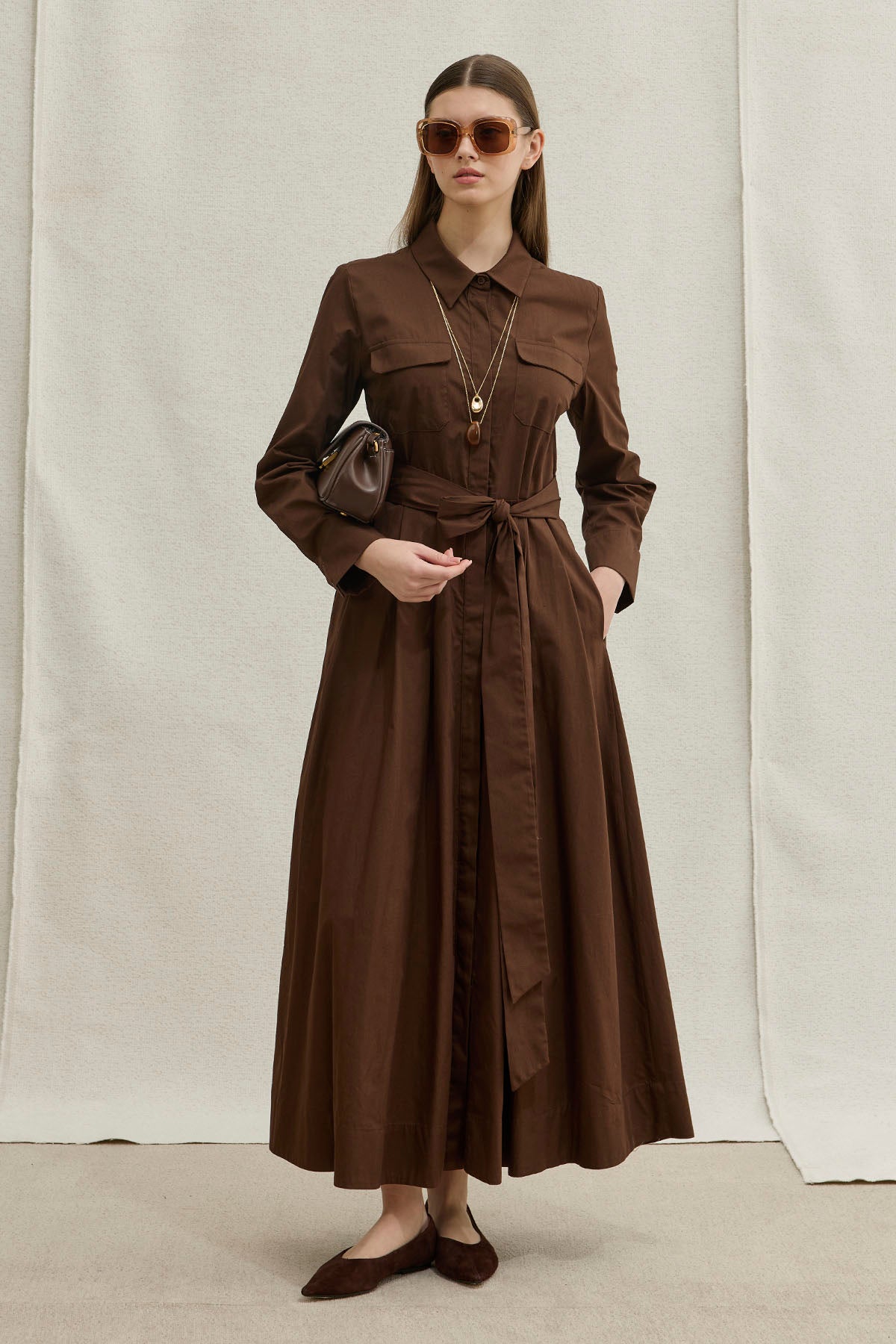Soft Cotton Long Brown Dress with Belt