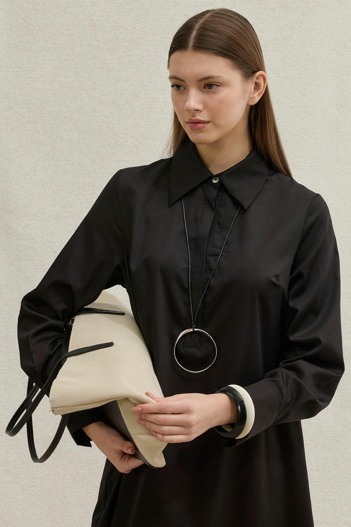 Soft Cotton Half-Buttoned Black Long Shirt Dress
