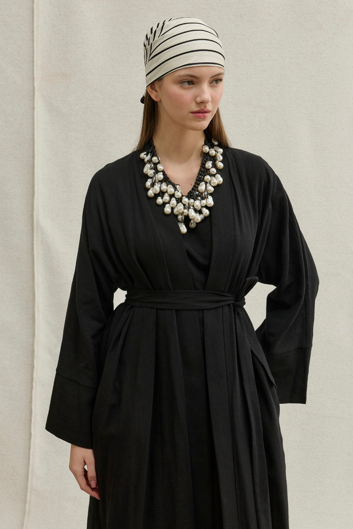 Soft Cotton Keten İkili Takım Siyah Abaya