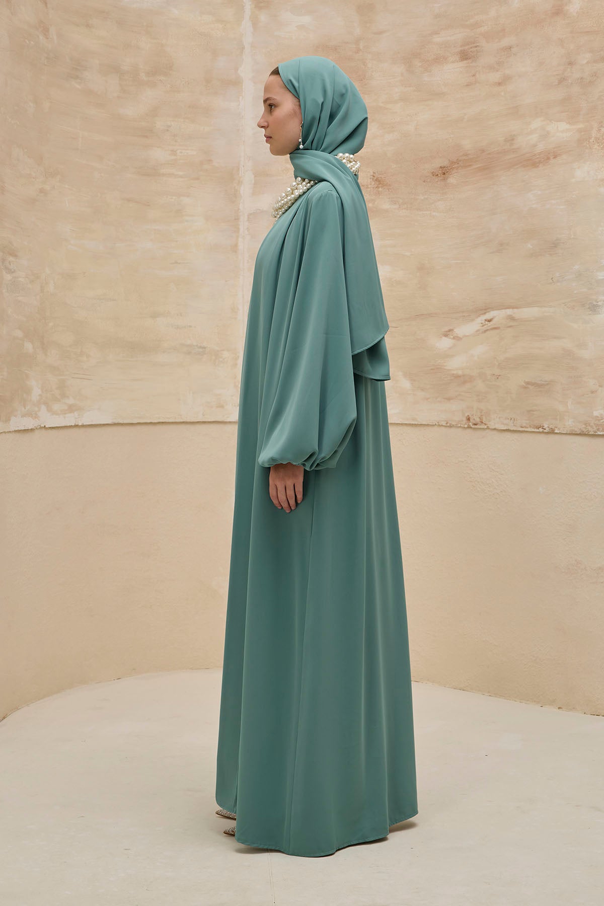 İkili Özel Dökümlü Mint Yeşili Abaya Takım