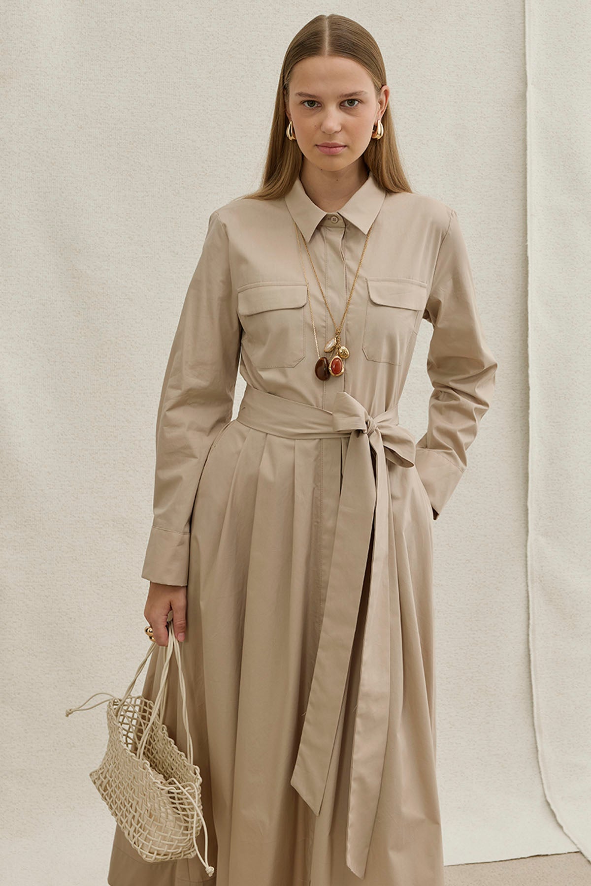 Soft Cotton Long Stone Dress with Belt