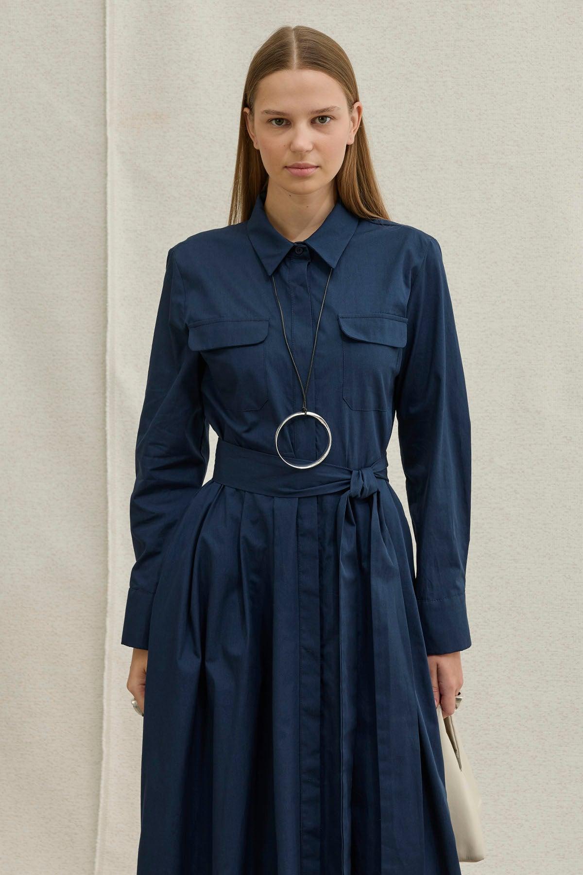 Soft Cotton Long Navy Dress with Belt
