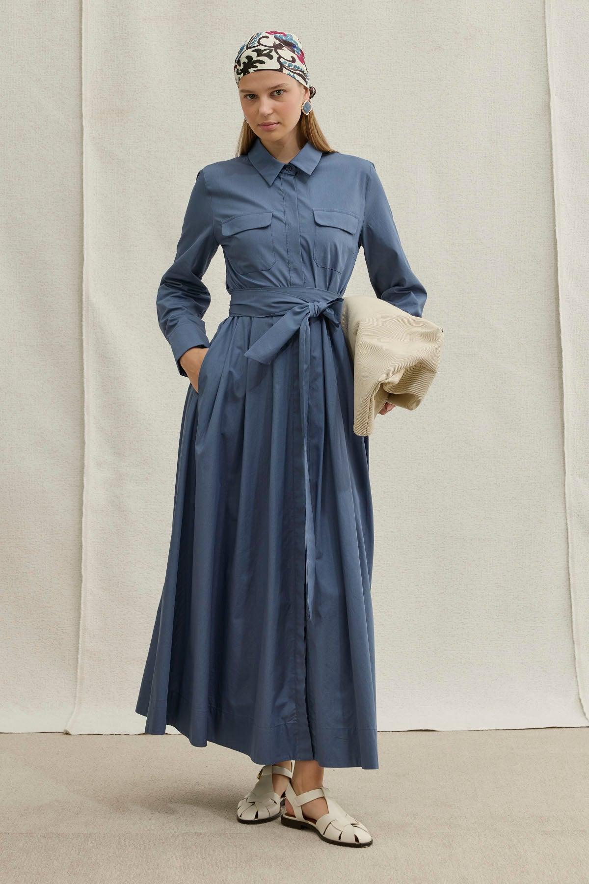 Soft Cotton Long Blue Dress with Belt