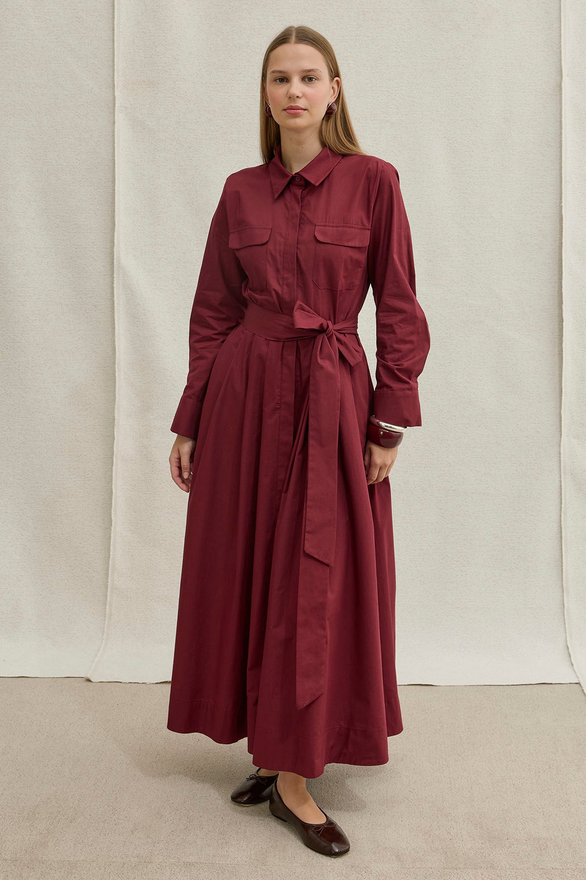 Soft Cotton Kuşaklı Uzun Bordo Elbise