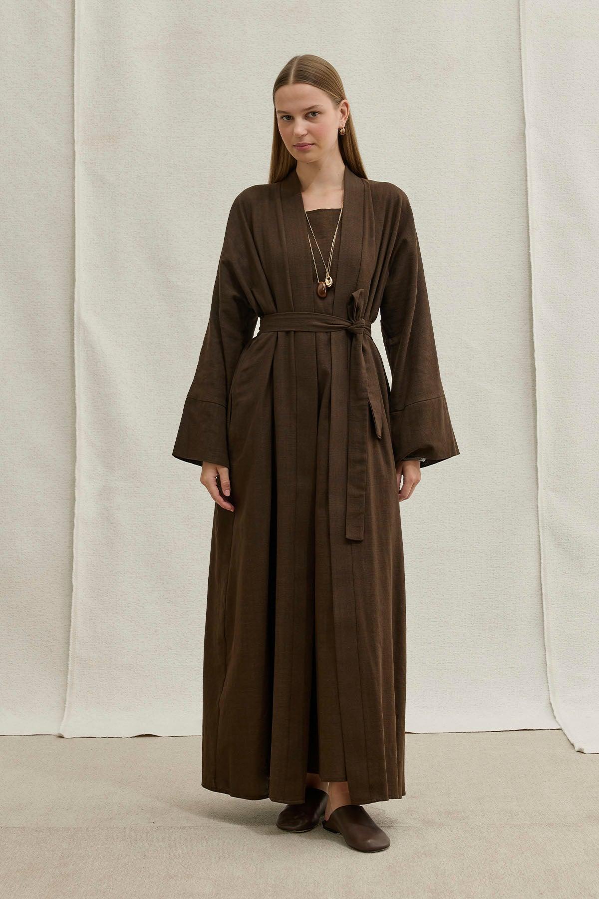Soft Cotton Linen Two-Piece Brown Abaya Set