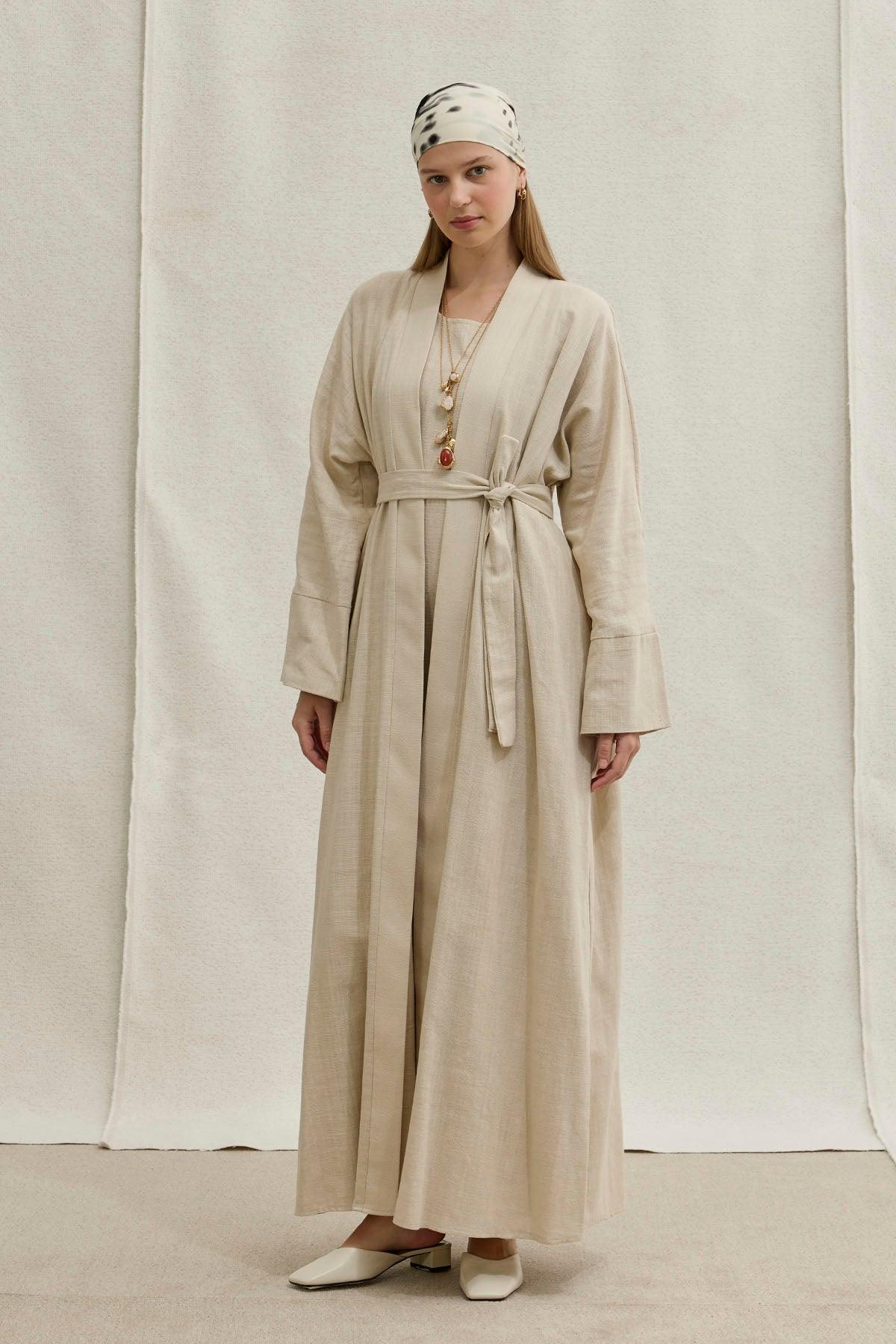 Soft Cotton Linen Two-Piece Stone Abaya Set