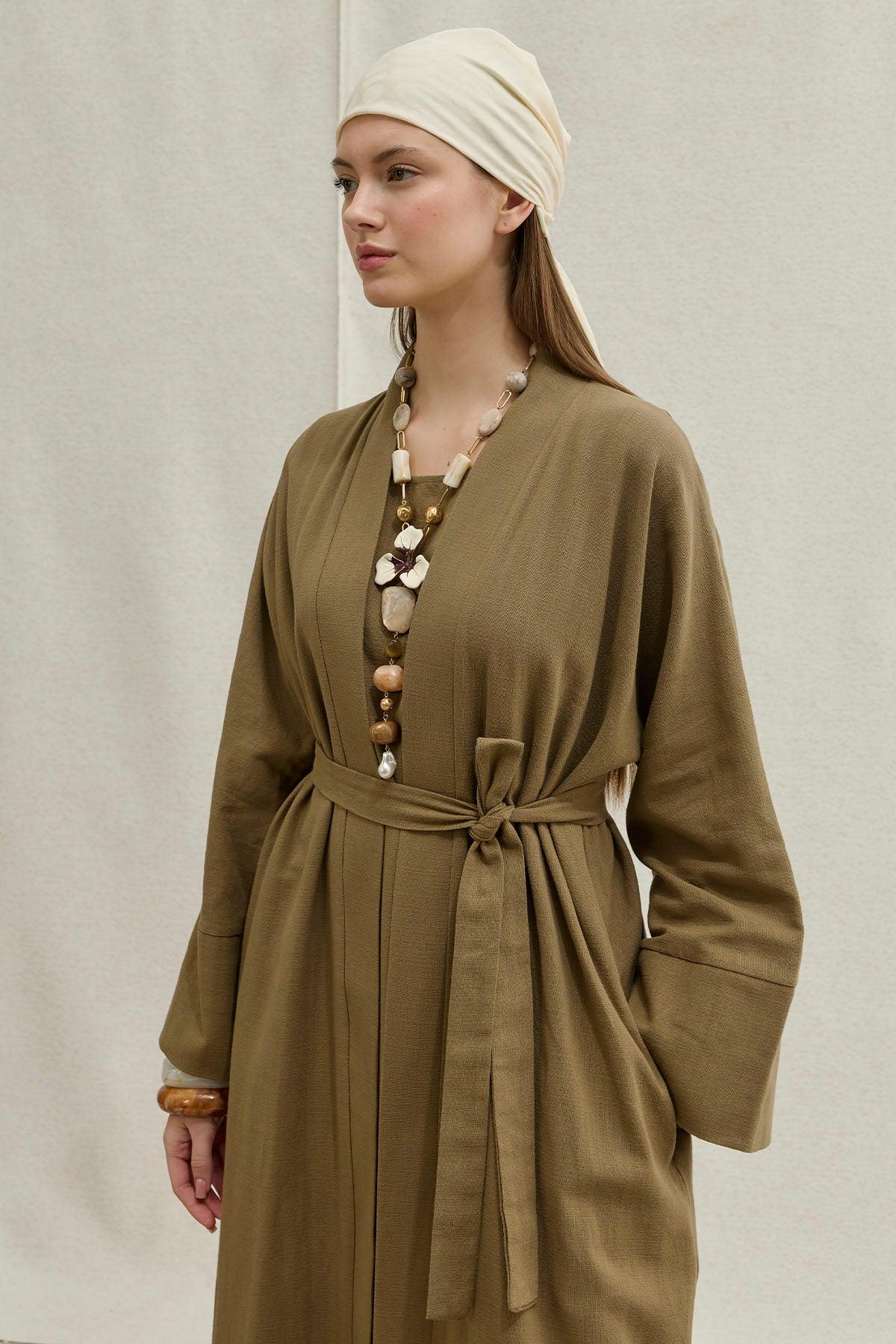 Soft Cotton Linen Two-Piece Khaki Abaya Set