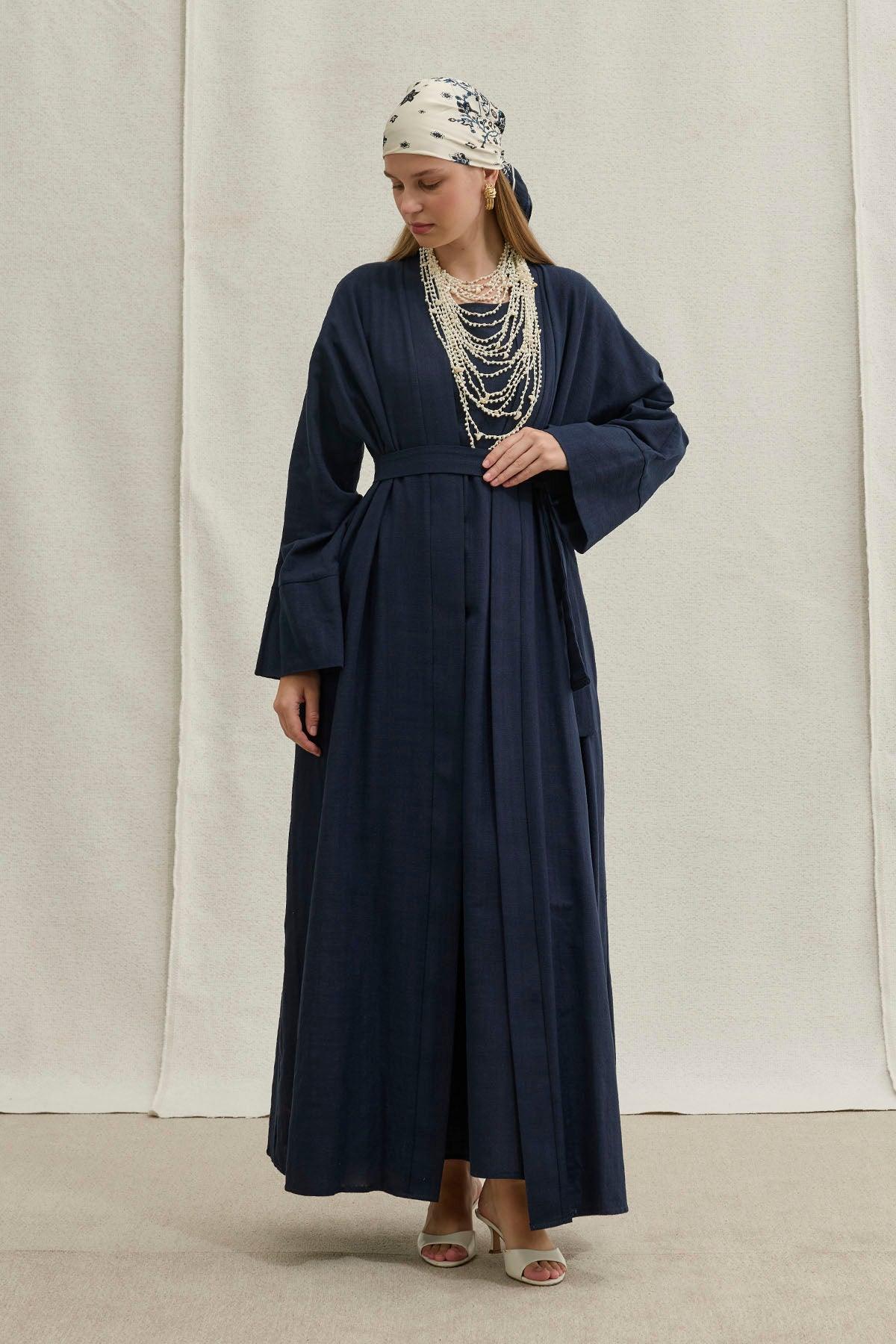 Soft Cotton Linen Two-Piece Navy Blue Abaya Set