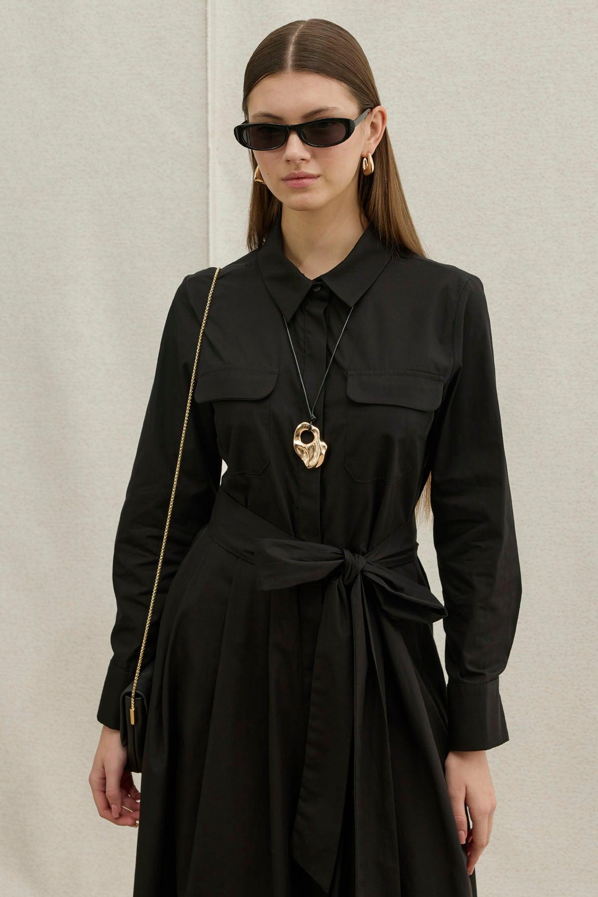 Soft Cotton Long Black Dress with Belt