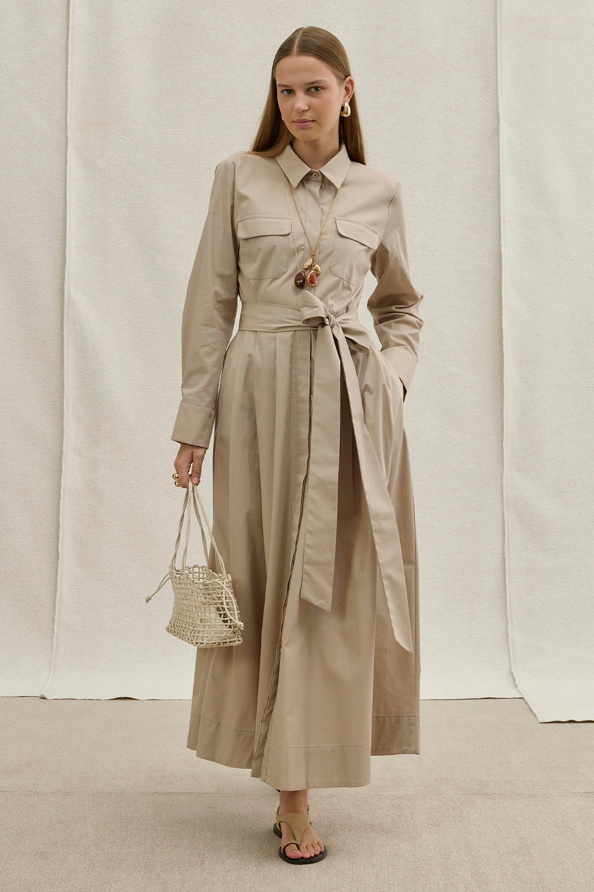 Soft Cotton Long Stone Dress with Belt