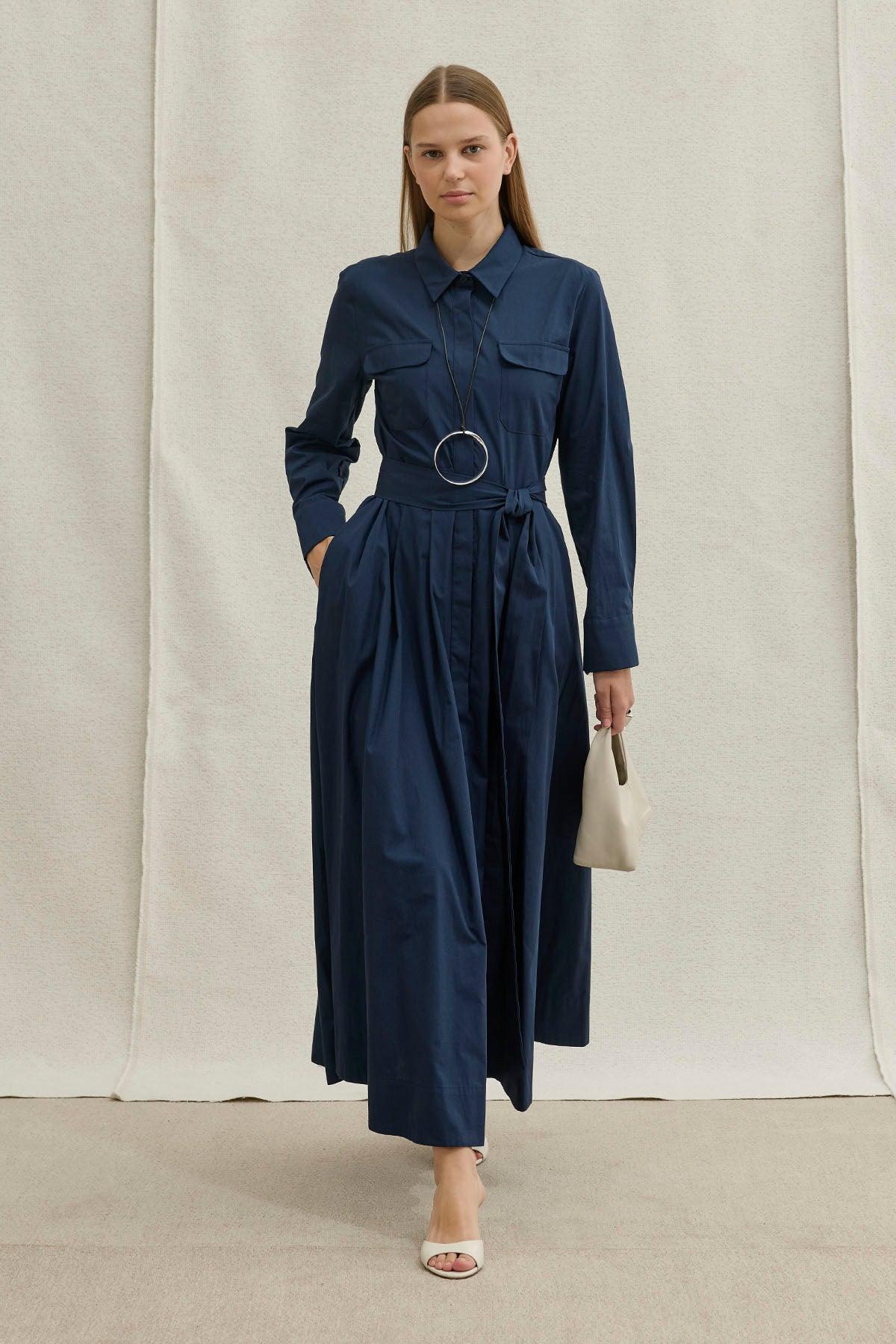 Soft Cotton Long Navy Dress with Belt