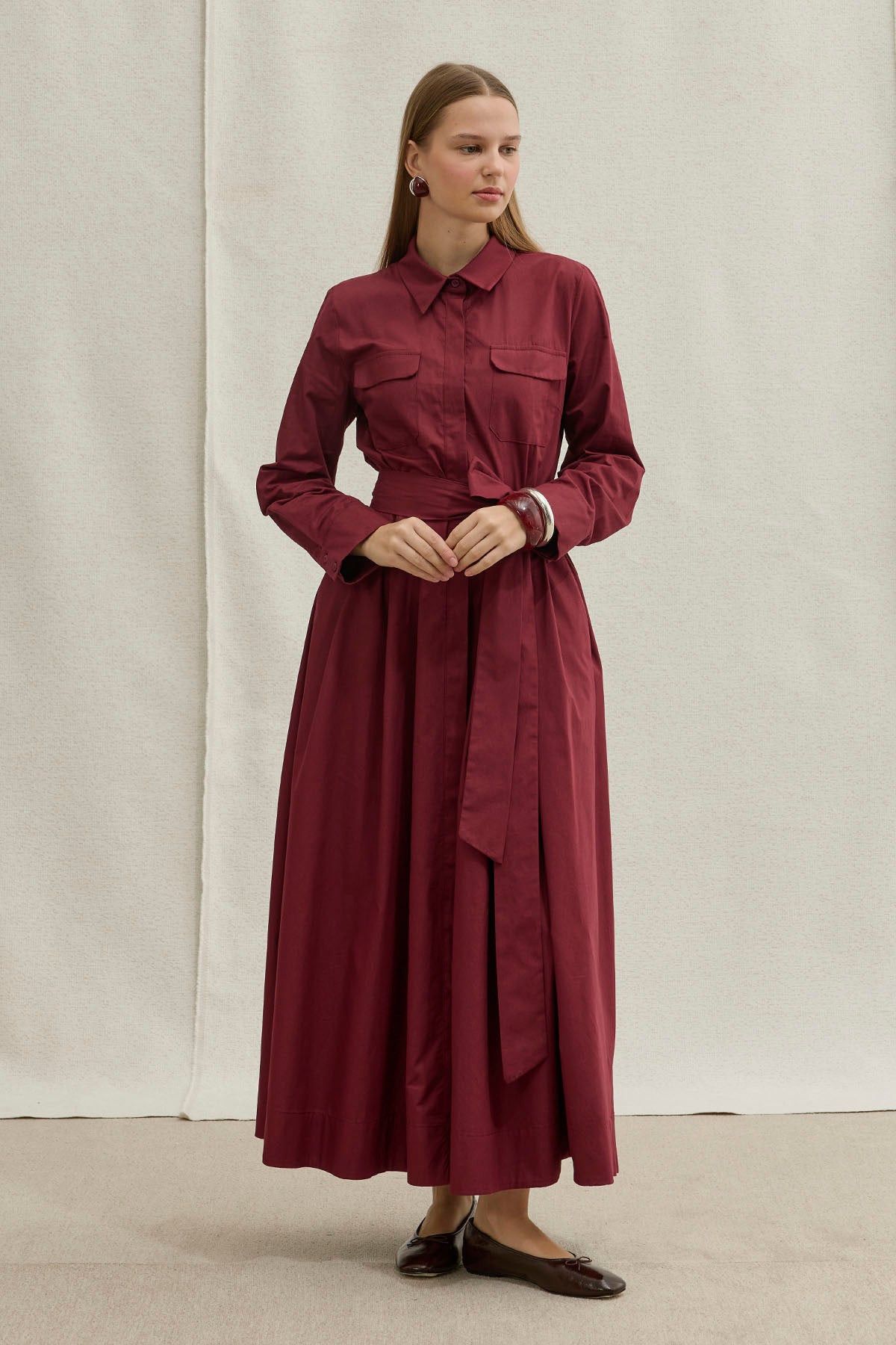 Soft Cotton Kuşaklı Uzun Bordo Elbise
