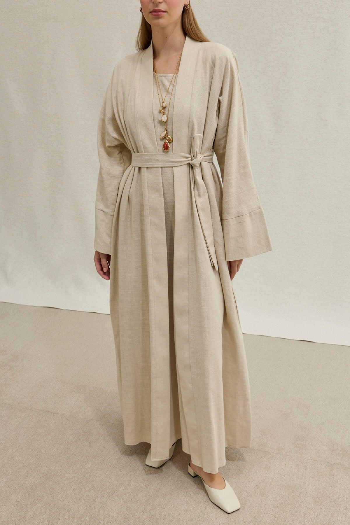 Soft Cotton Linen Two-Piece Stone Abaya Set