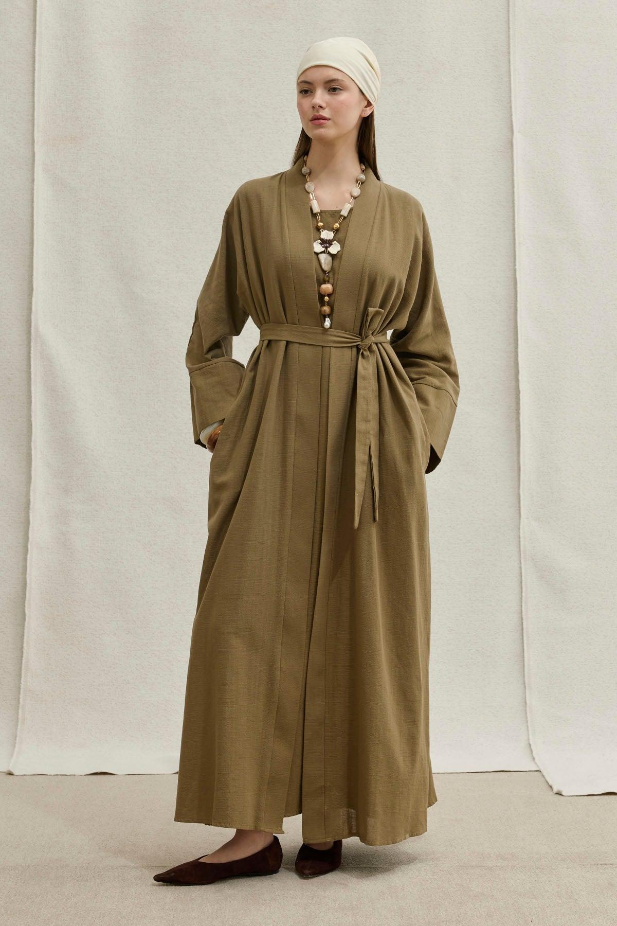Soft Cotton Linen Two-Piece Khaki Abaya Set