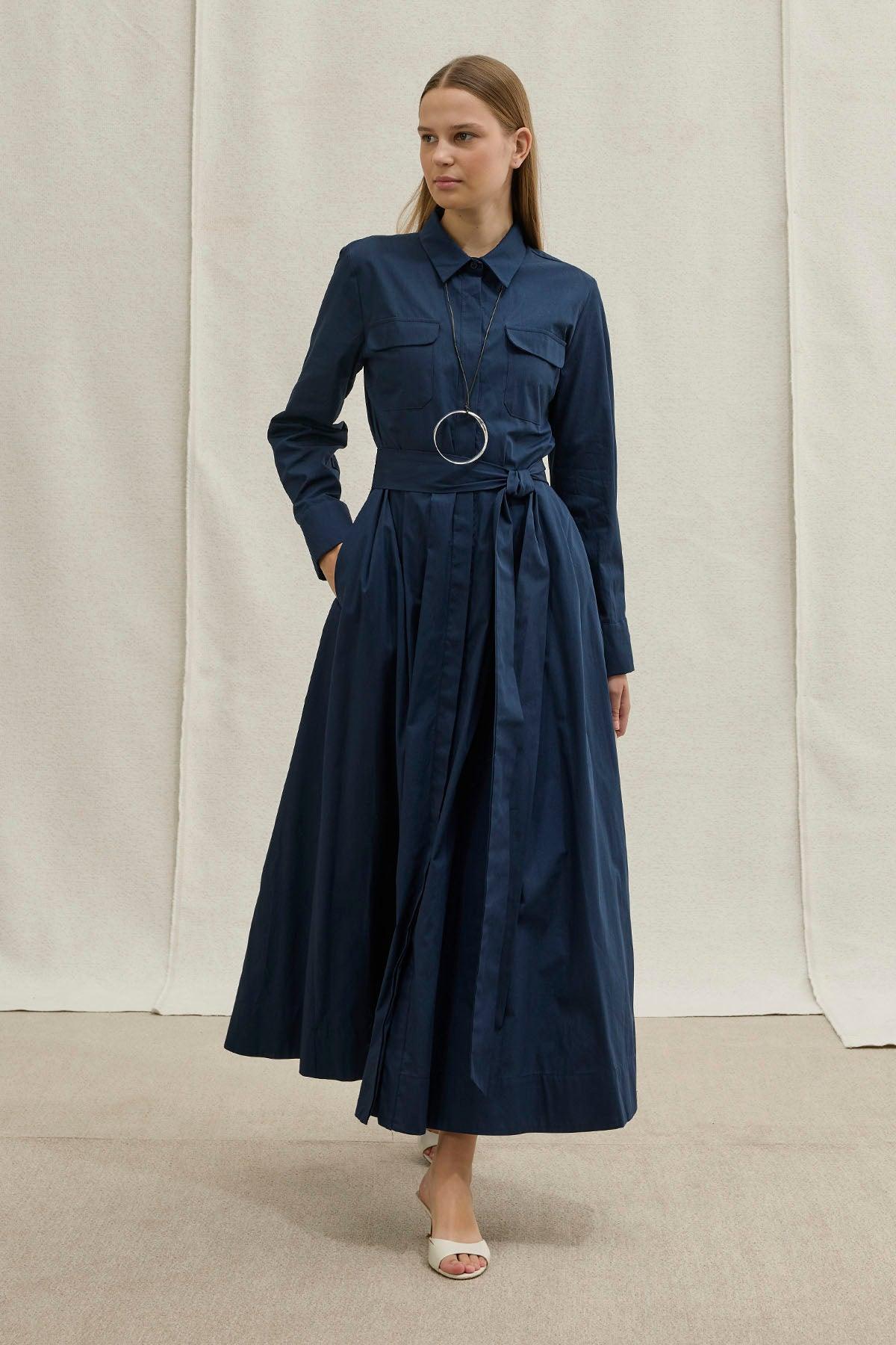 Soft Cotton Long Navy Dress with Belt