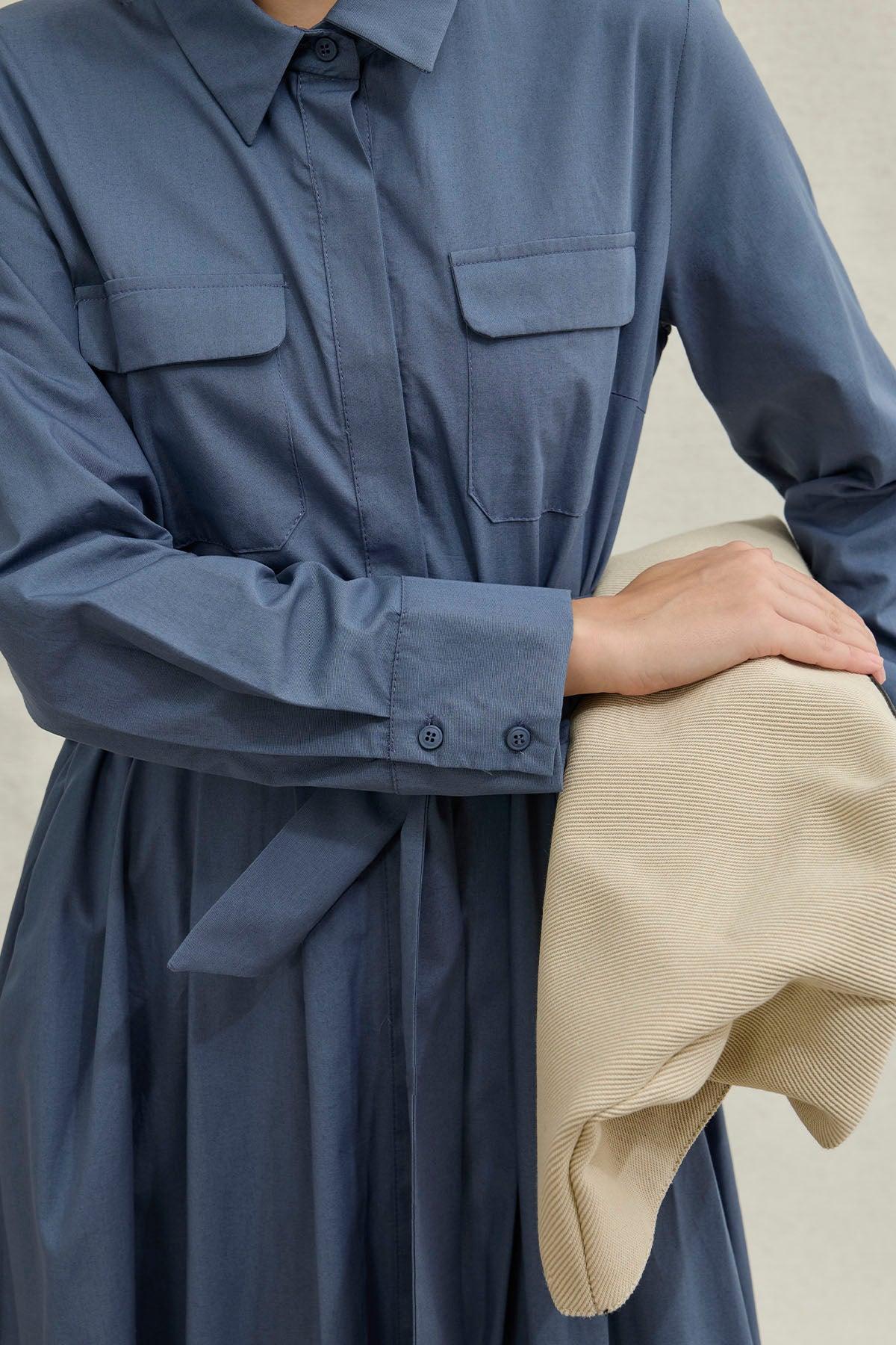 Soft Cotton Long Blue Dress with Belt