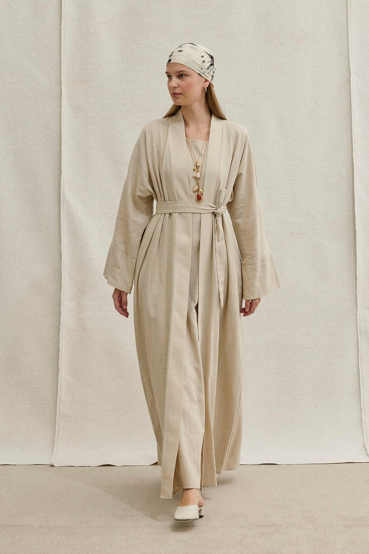 Soft Cotton Linen Two-Piece Stone Abaya Set