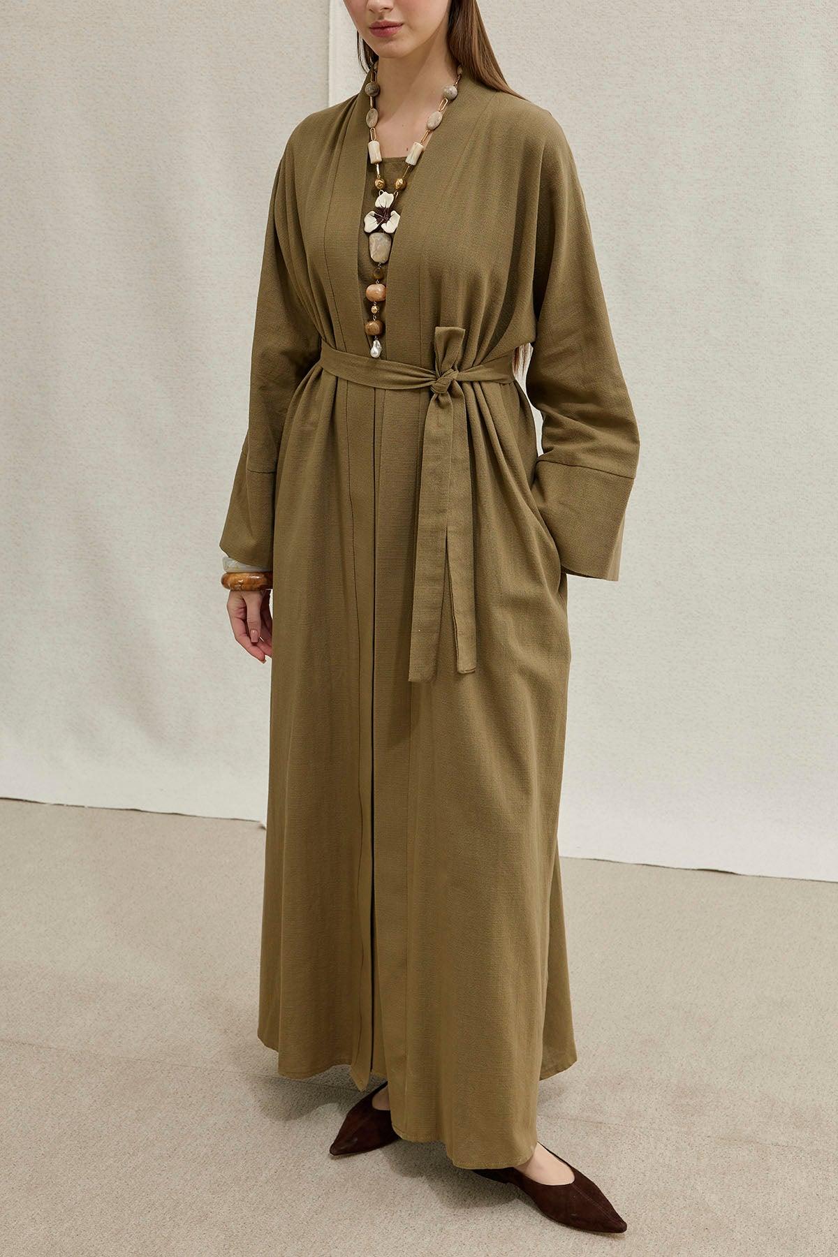 Soft Cotton Linen Two-Piece Khaki Abaya Set