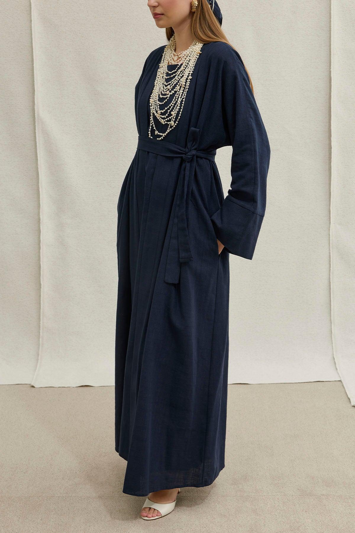 Soft Cotton Linen Two-Piece Navy Blue Abaya Set