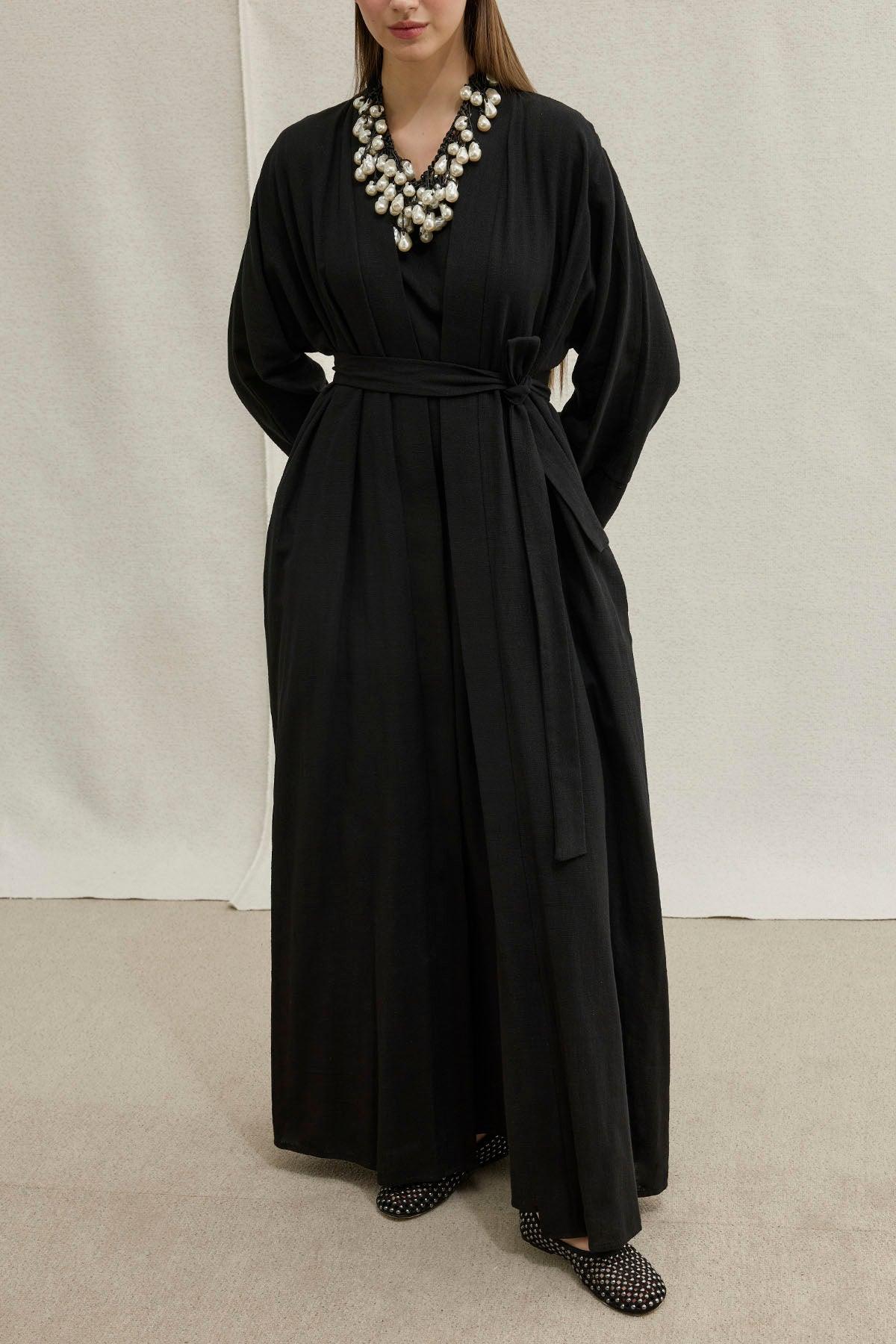 Soft Cotton Linen Two-Piece Black Abaya Set