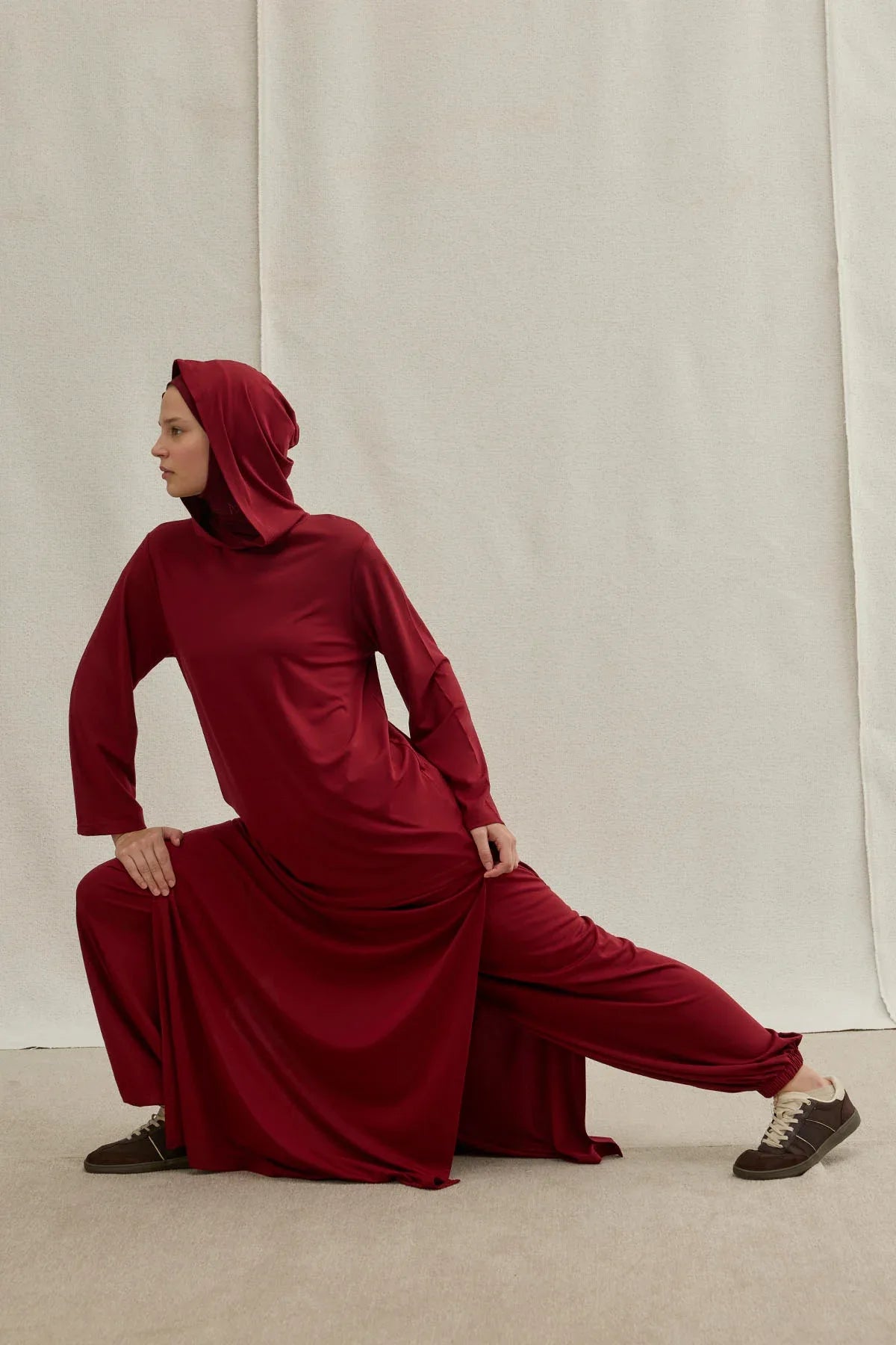 Actıve Modest Kapüşonlu Tesettür Spor Bordo Takım