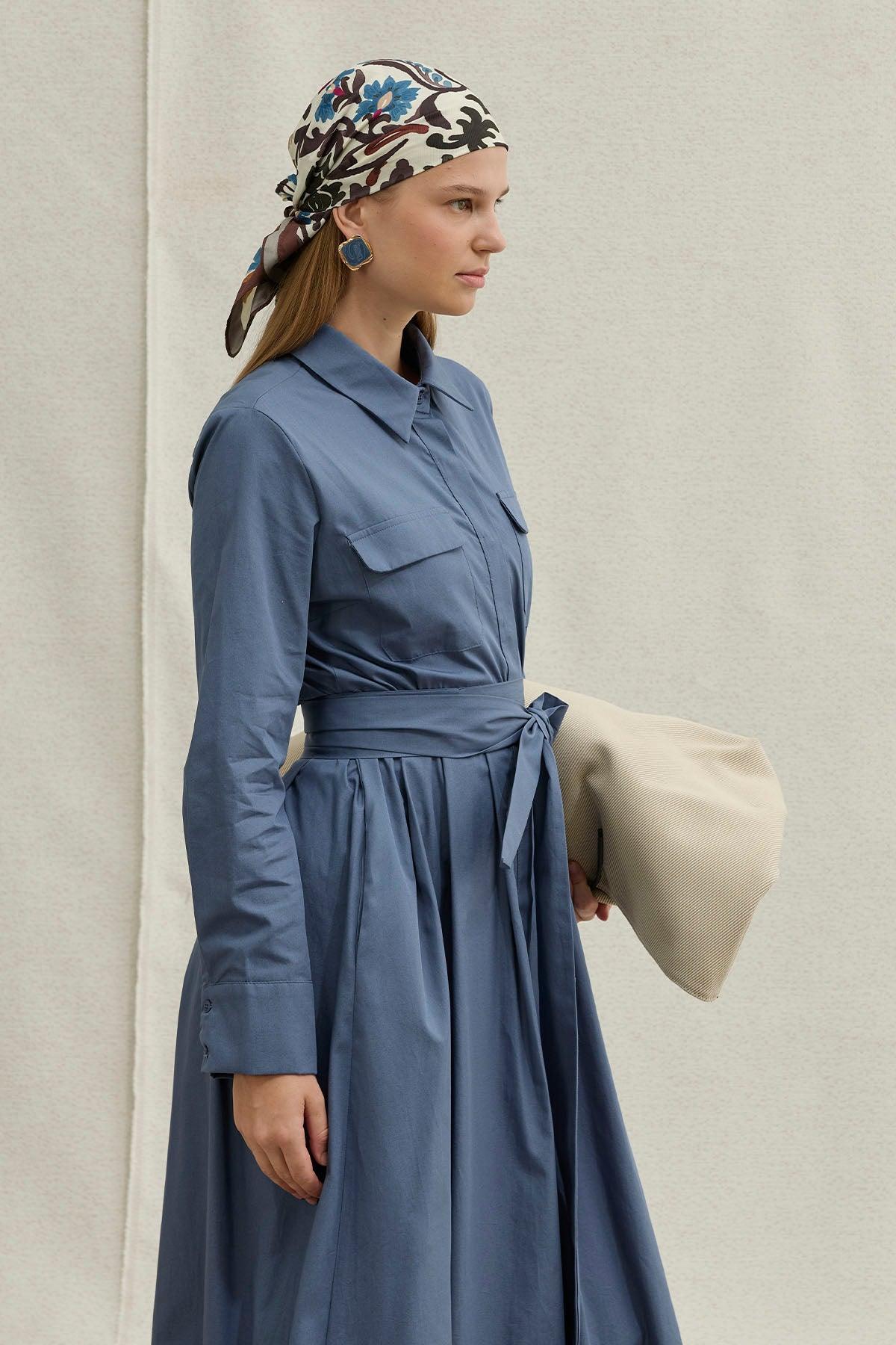 Soft Cotton Long Blue Dress with Belt