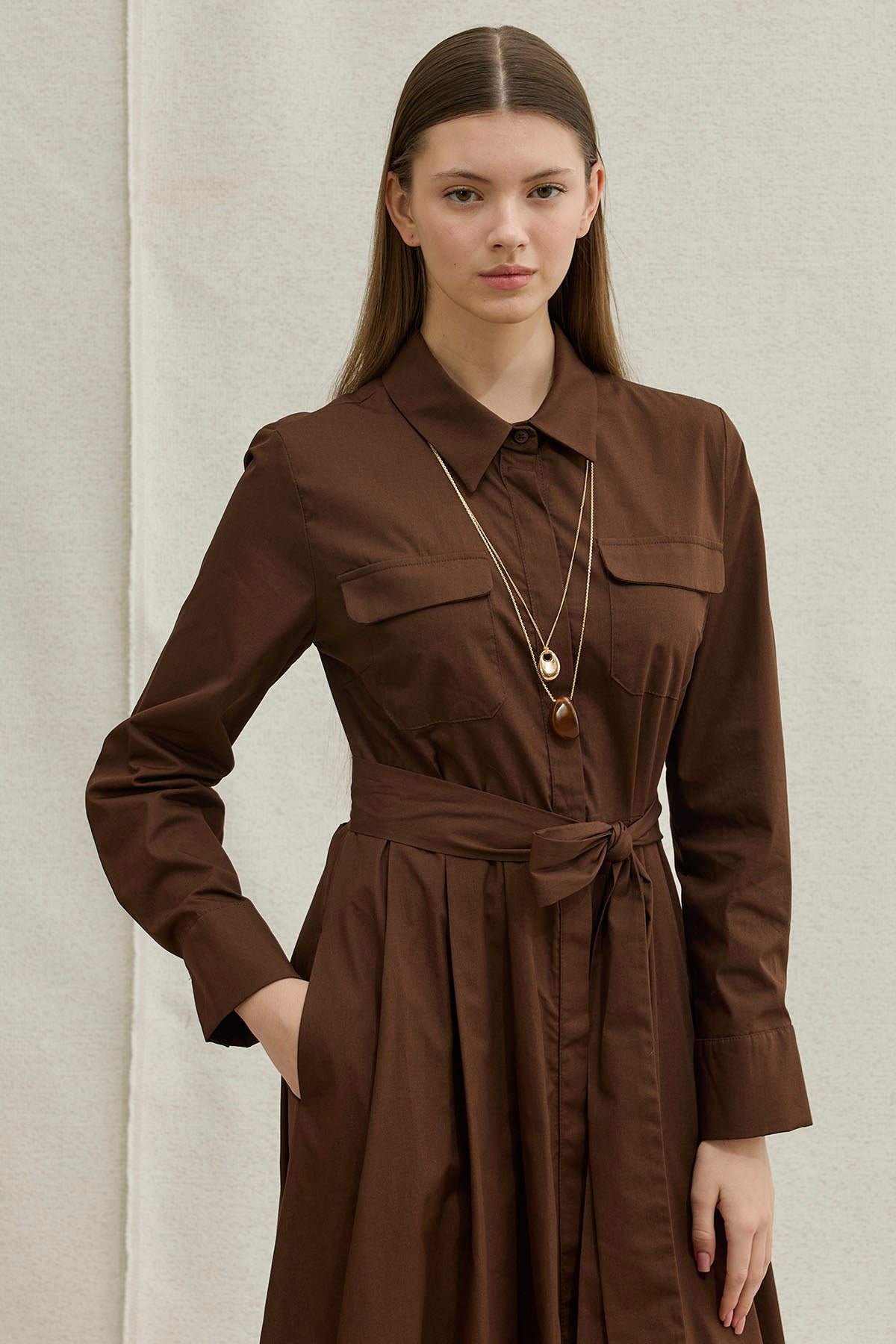 Soft Cotton Kuşaklı Uzun Kahverengi  Elbise