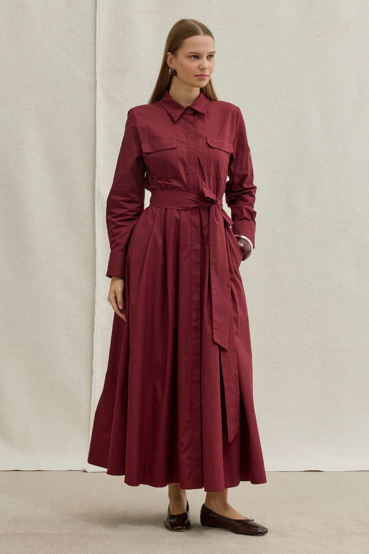 Soft Cotton Kuşaklı Uzun Bordo Elbise