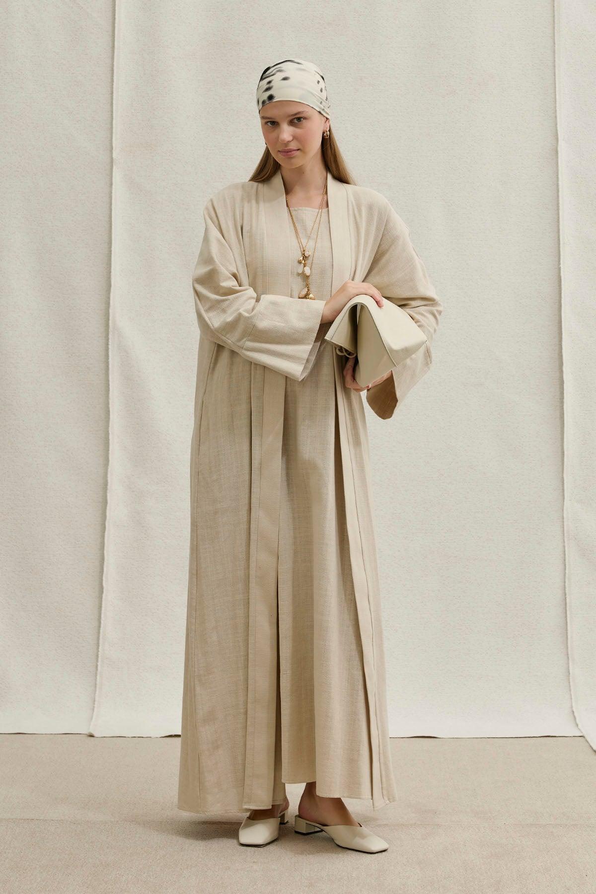 Soft Cotton Linen Two-Piece Stone Abaya Set