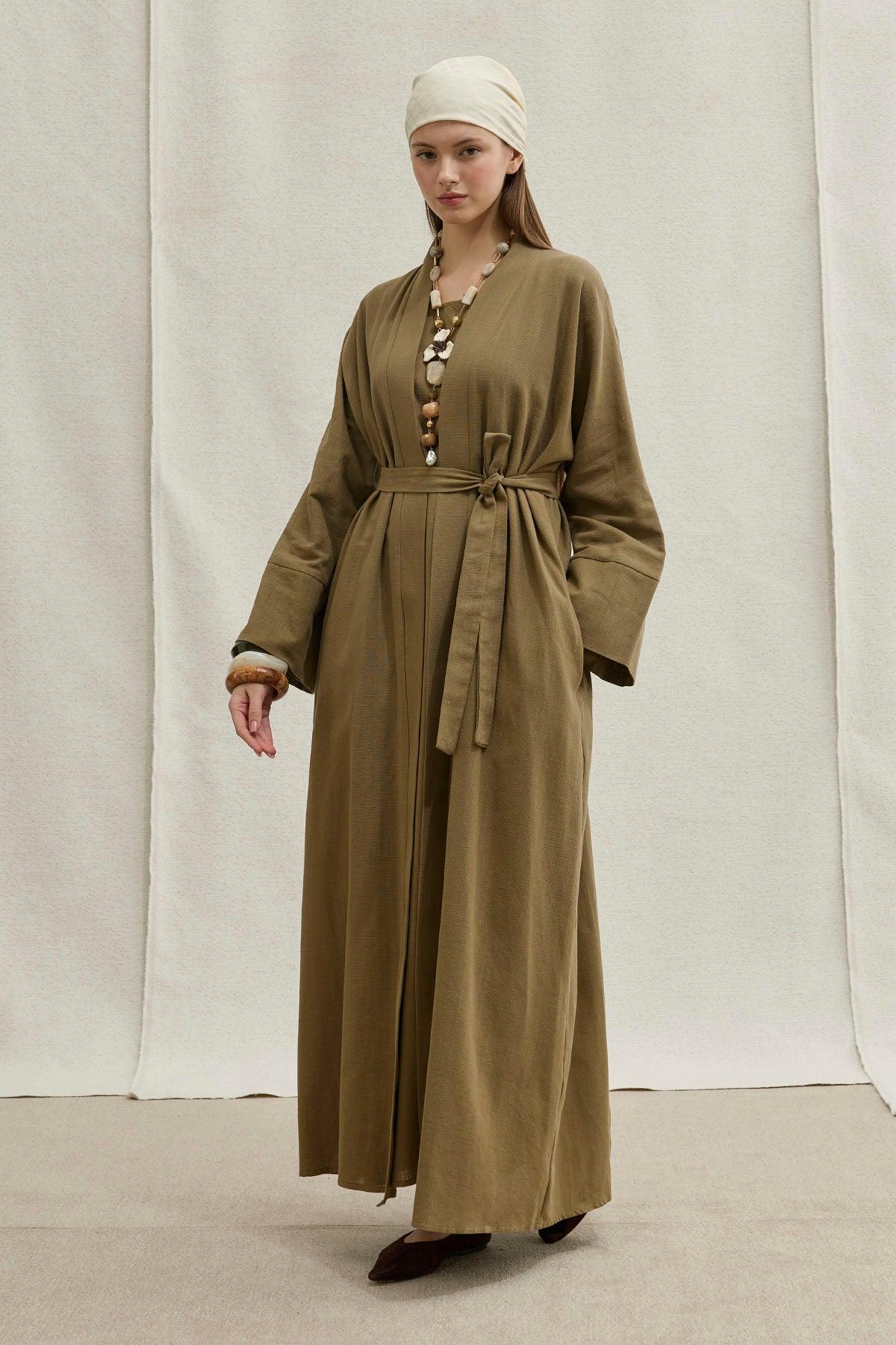 Soft Cotton Linen Two-Piece Khaki Abaya Set