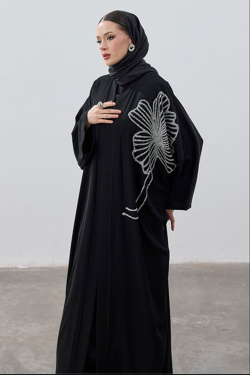 Taş İşlemeli Büyük Çiçek Siyah Abaya