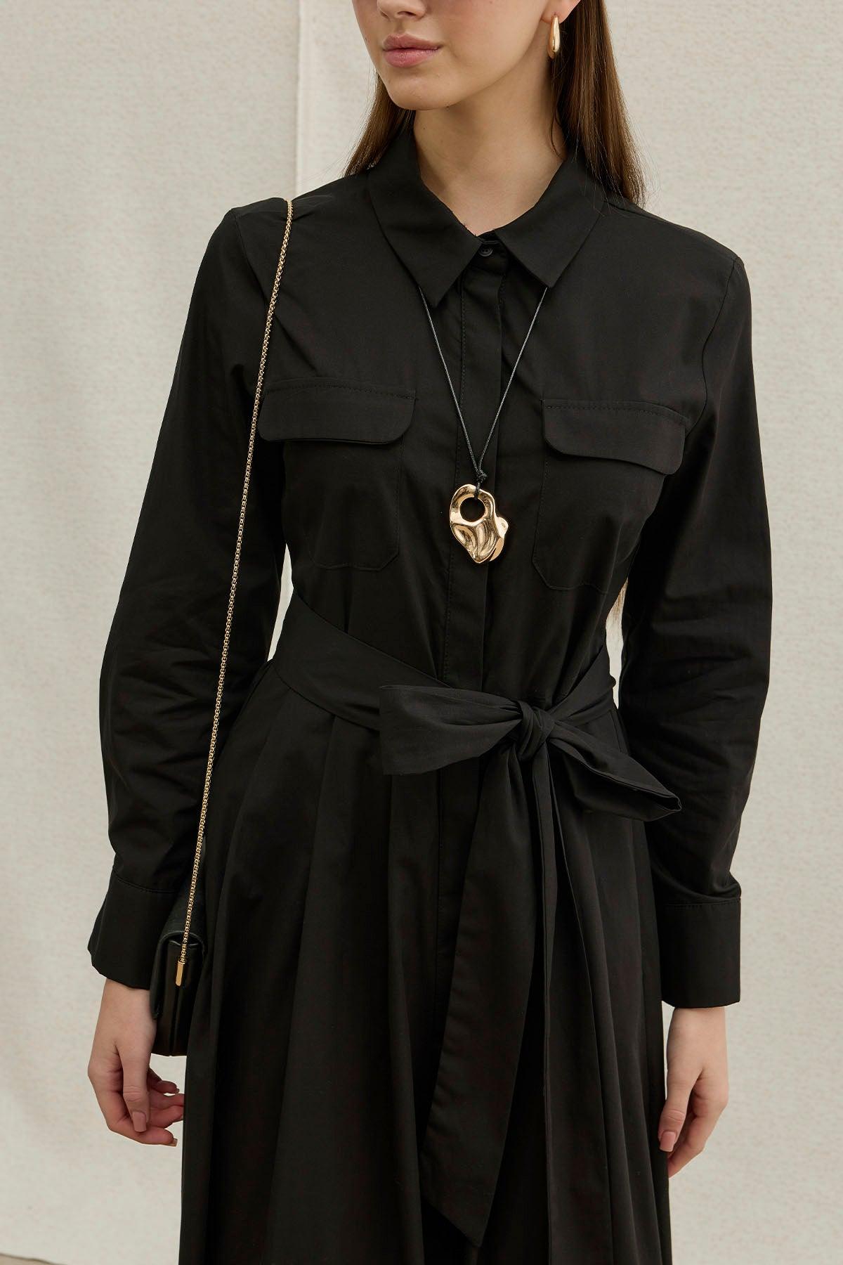 Soft Cotton Long Black Dress with Belt