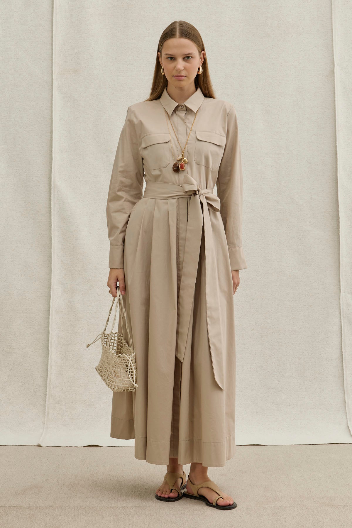 Soft Cotton Long Stone Dress with Belt