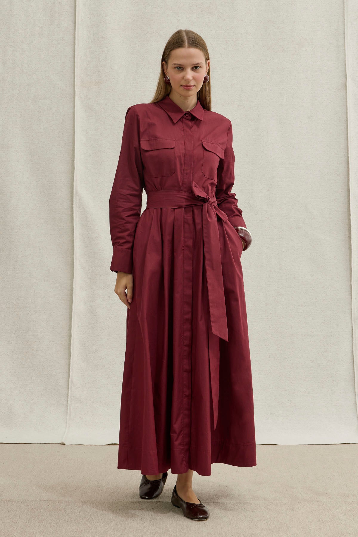Soft Cotton Kuşaklı Uzun Bordo Elbise