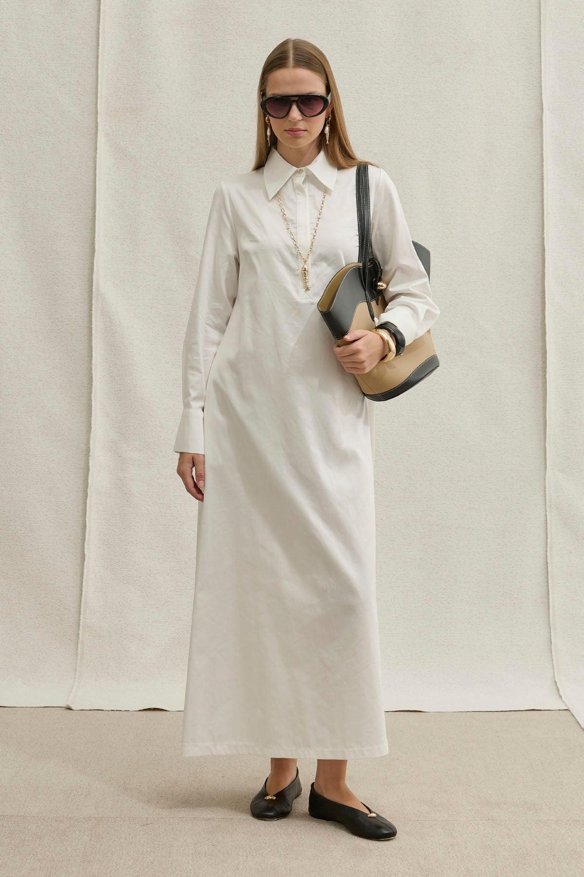 Soft Cotton Yarım Düğmeli Beyaz Uzun Gömlek Elbise