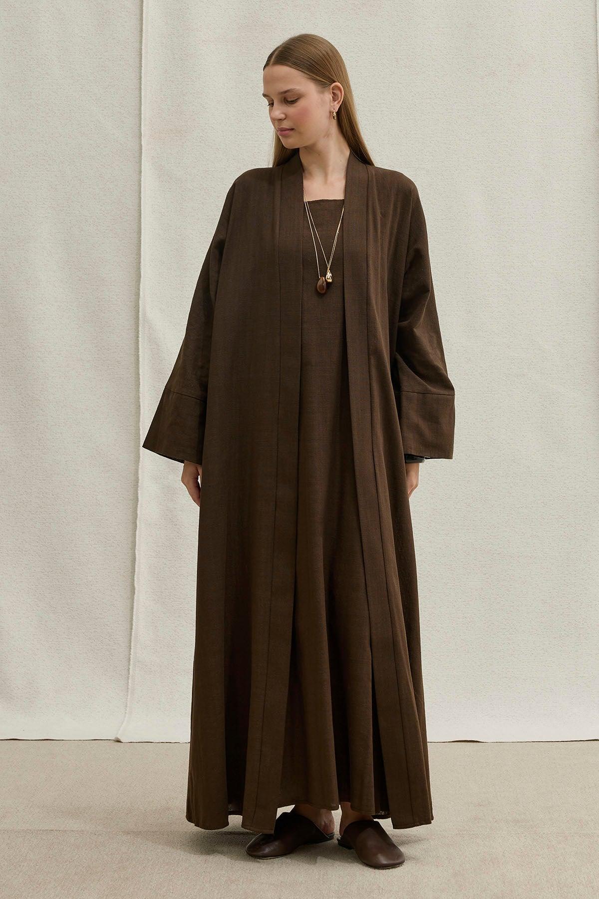 Soft Cotton Linen Two-Piece Brown Abaya Set
