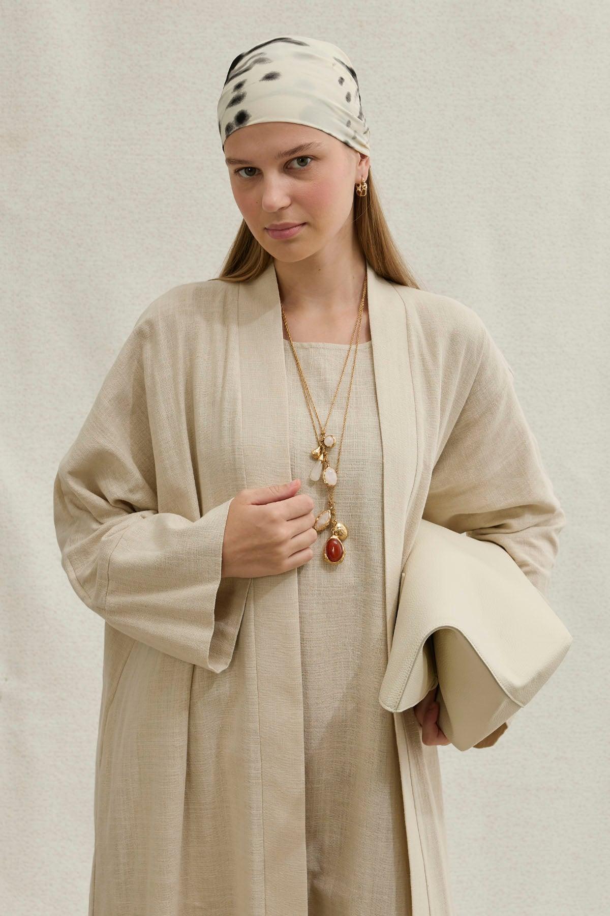 Soft Cotton Linen Two-Piece Stone Abaya Set