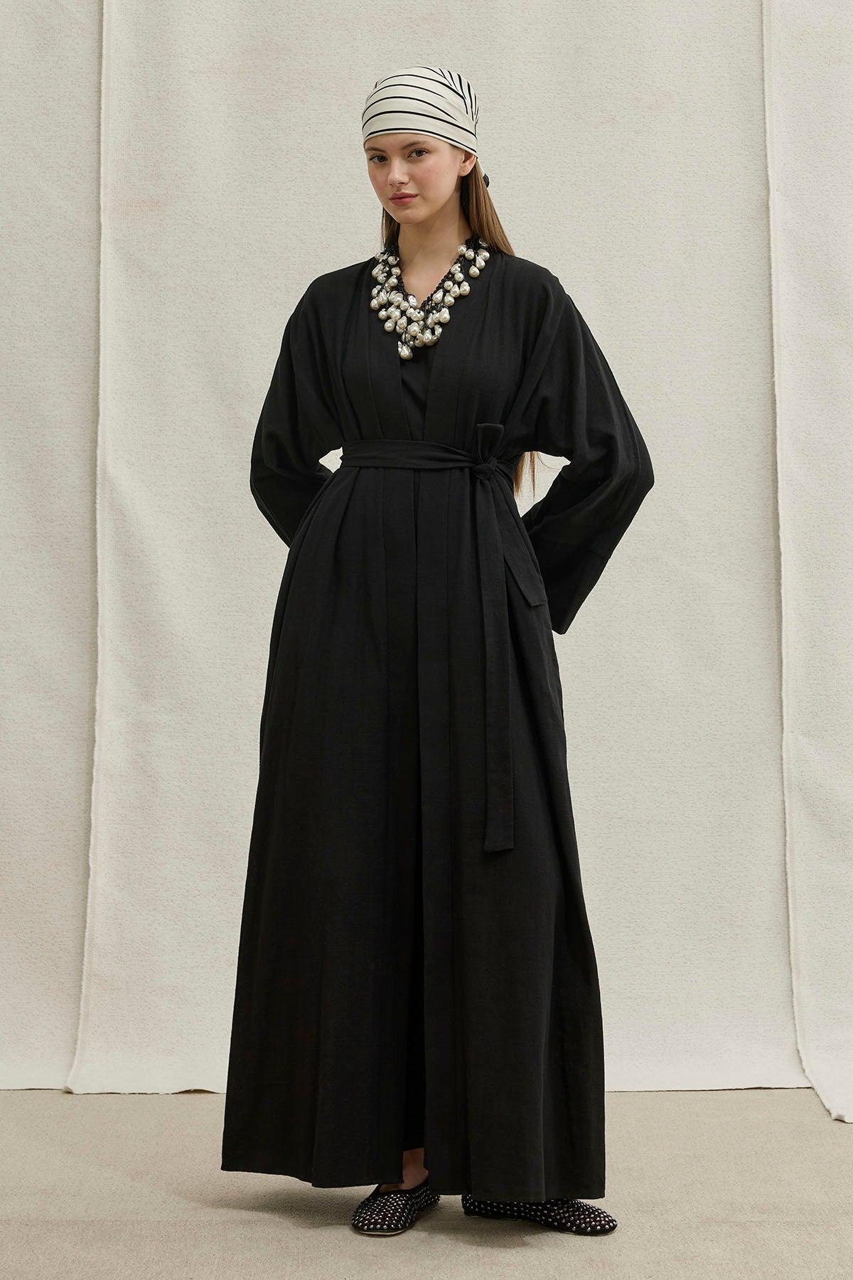 Soft Cotton Linen Two-Piece Black Abaya Set