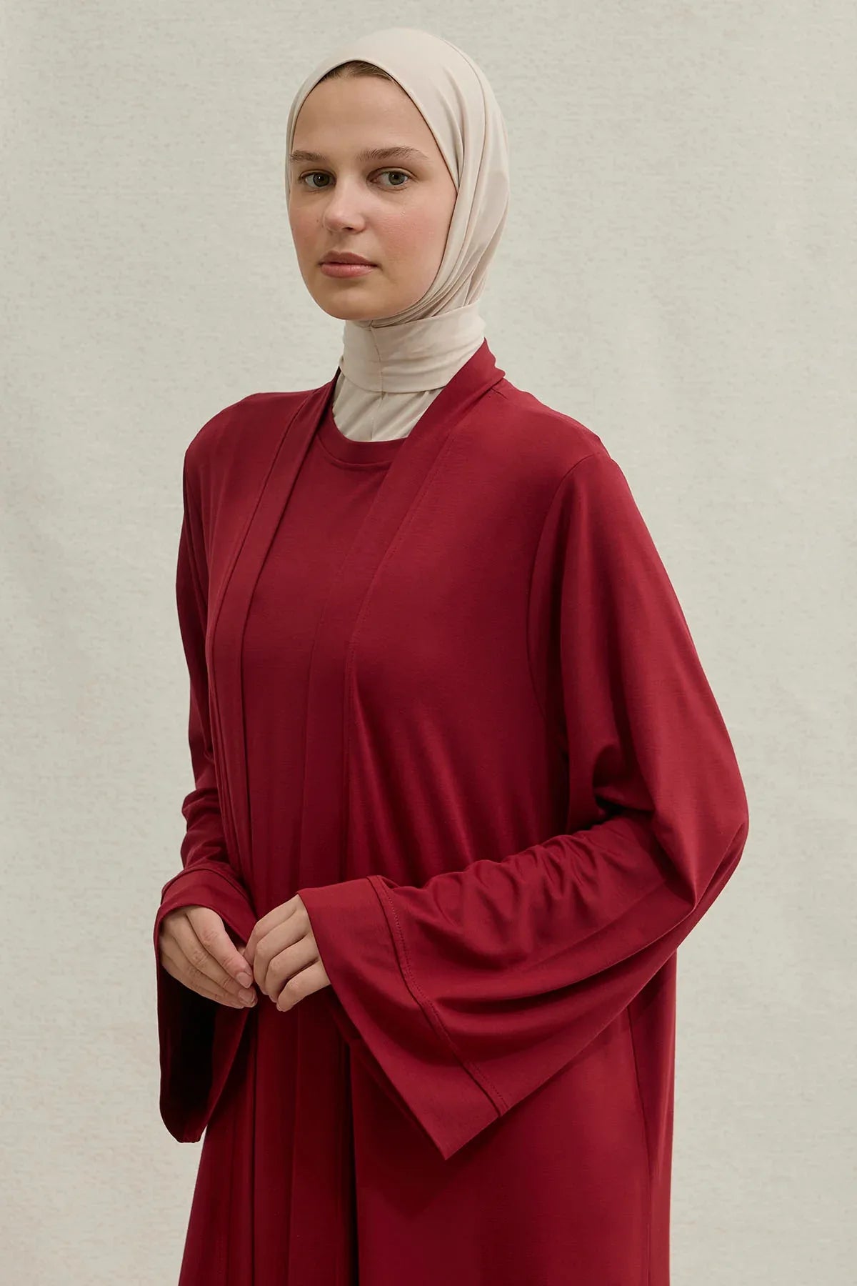 Active Modest Spor Geniş Kol Bordo İkili Abaya Takım