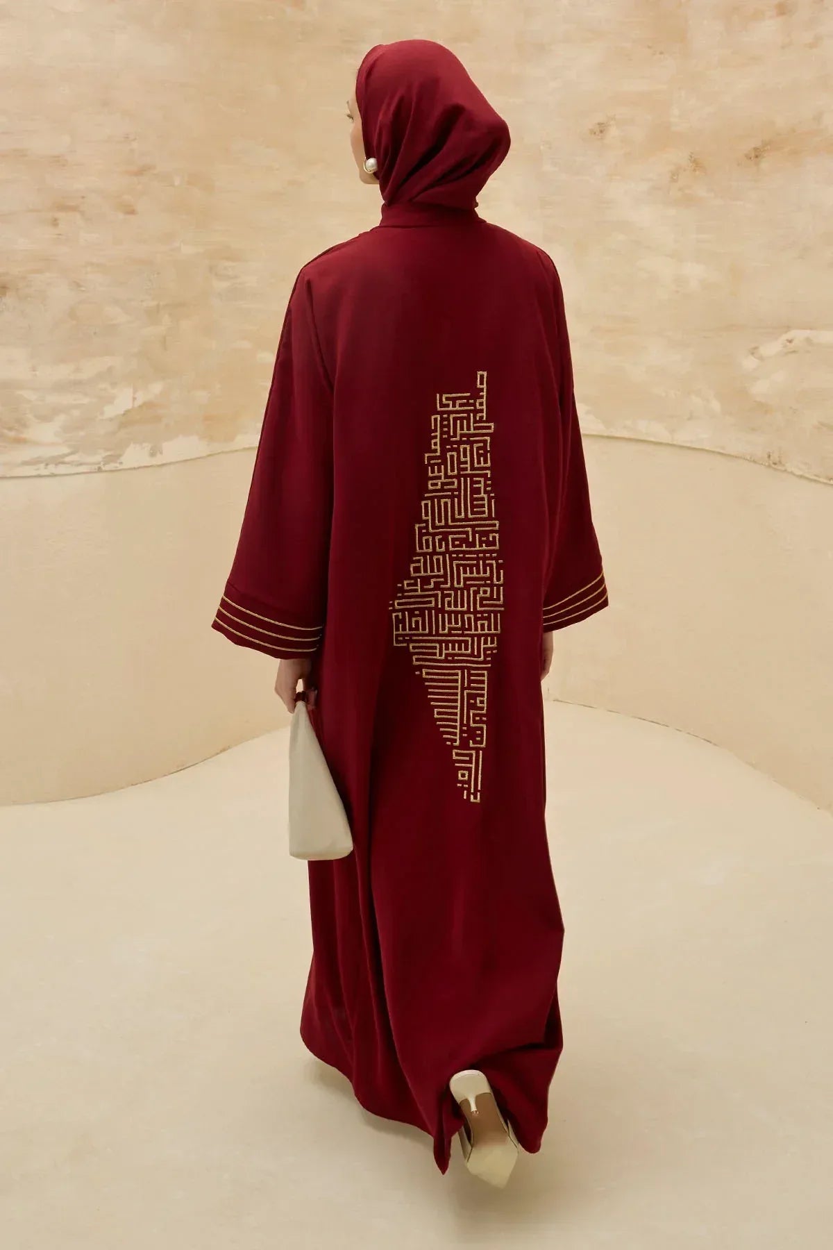 Design Back Geometric City Map Embroidered Burgundy Abaya