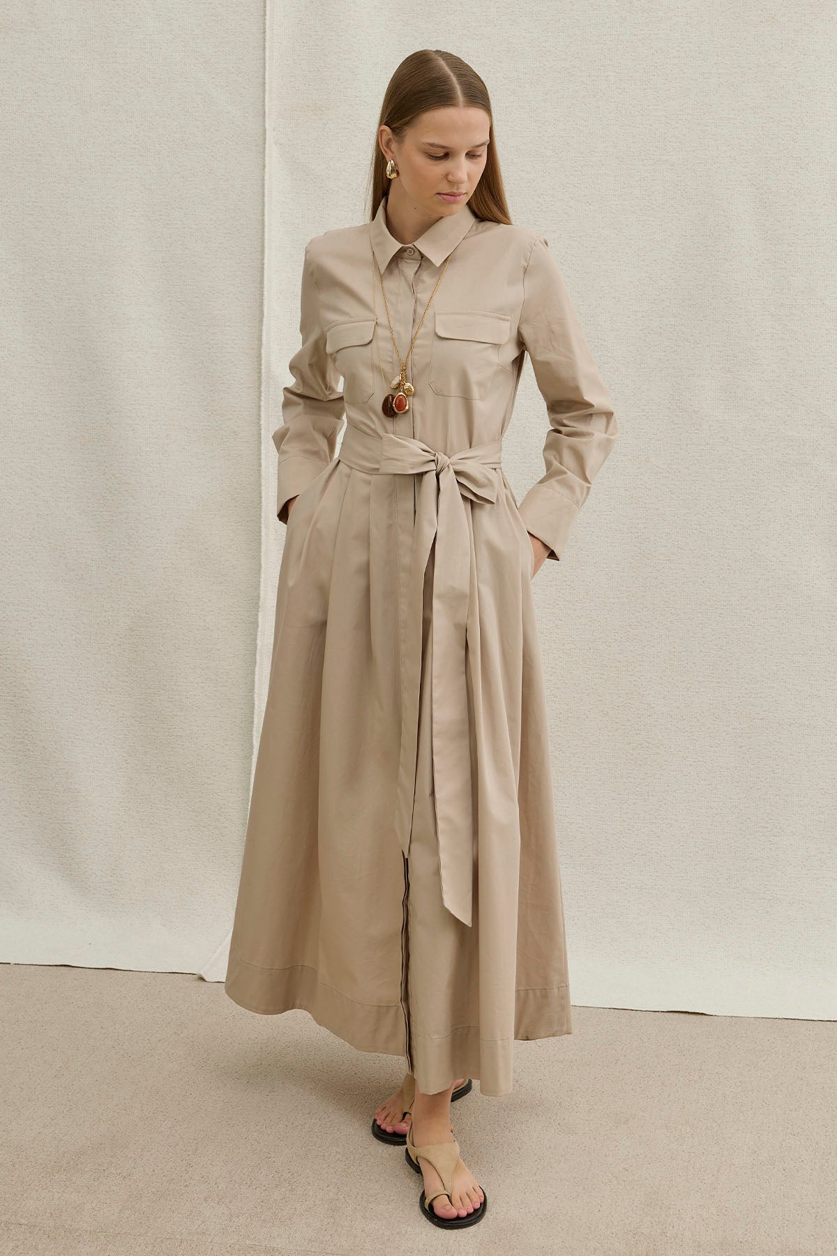 Soft Cotton Long Stone Dress with Belt