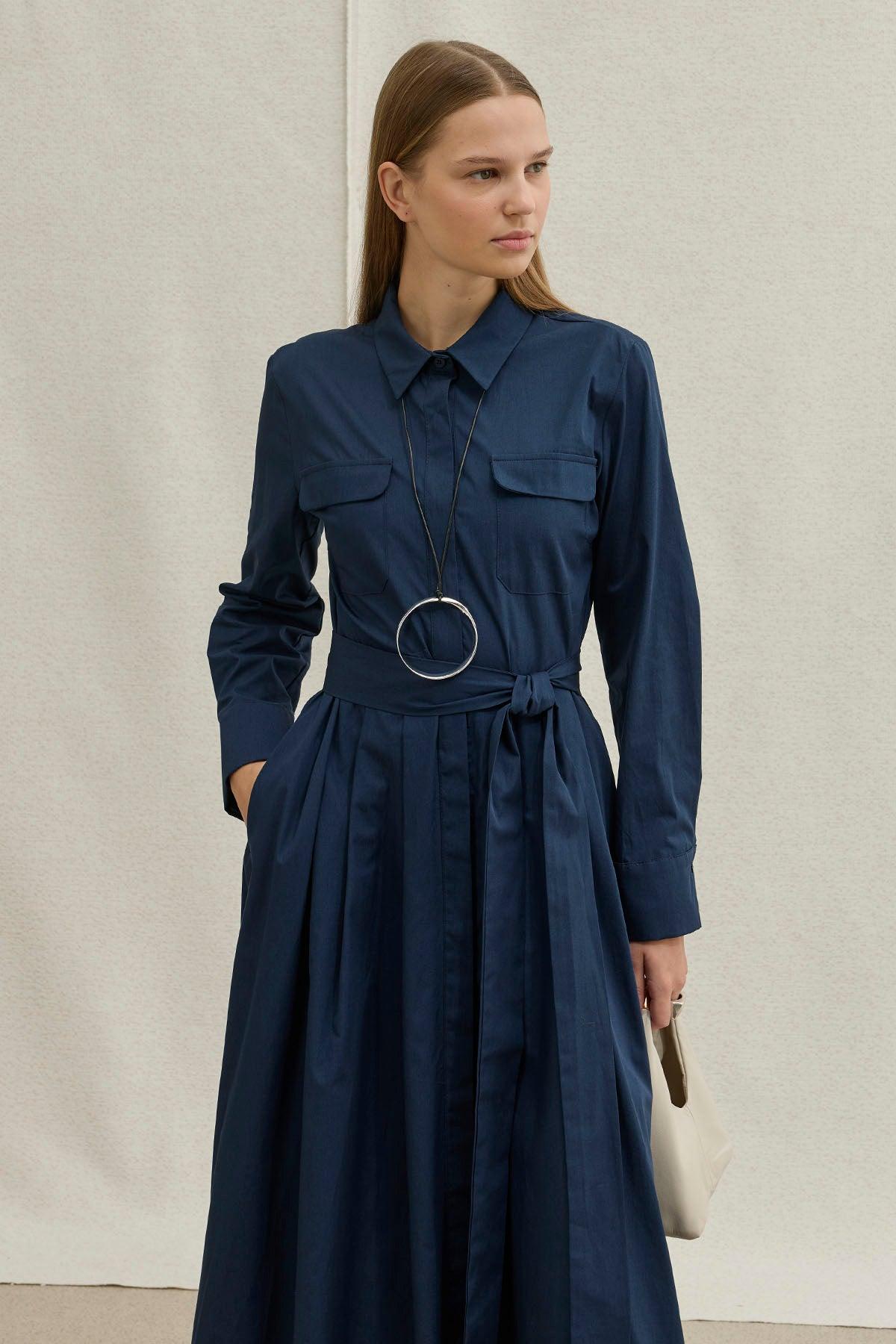 Soft Cotton Long Navy Dress with Belt