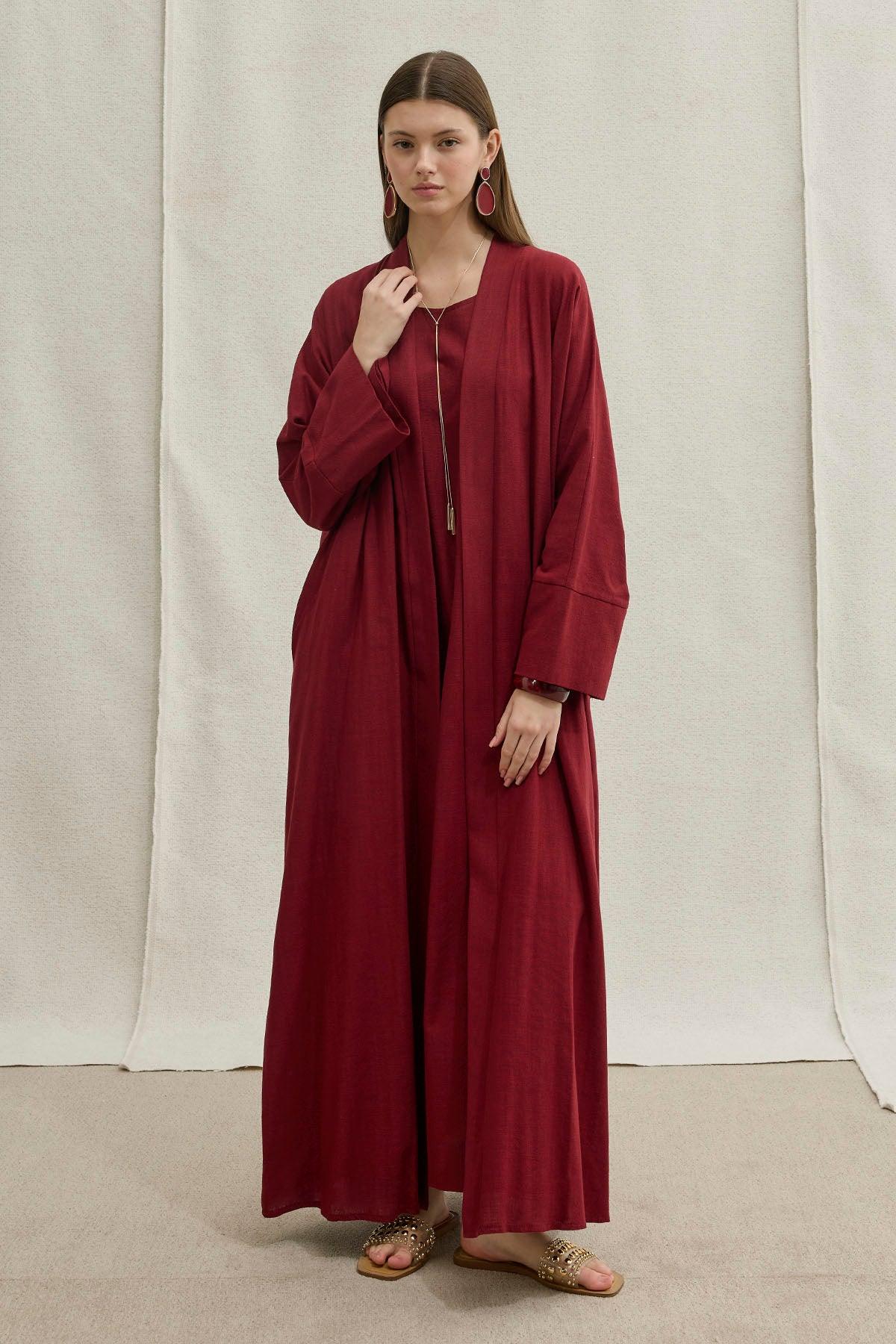Soft Cotton Linen Two-Piece Burgundy Abaya Set