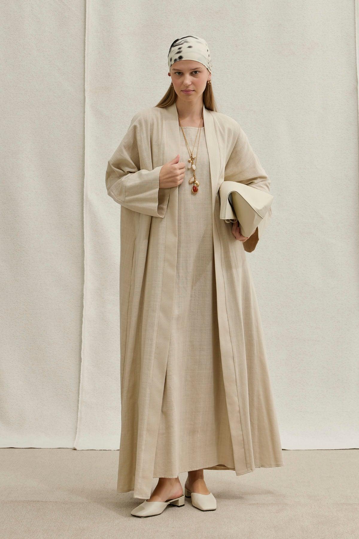 Soft Cotton Linen Two-Piece Stone Abaya Set