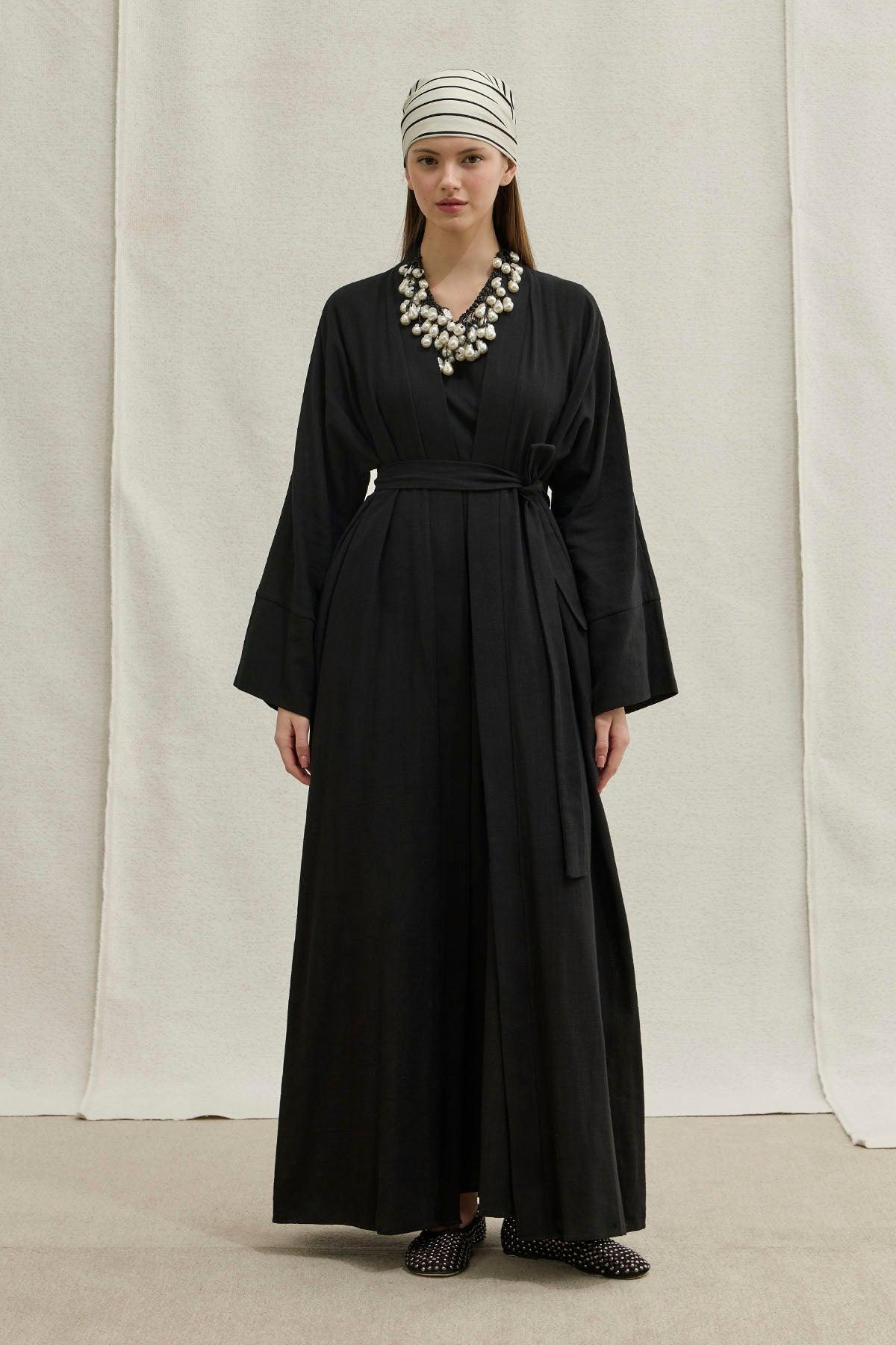 Soft Cotton Linen Two-Piece Black Abaya Set