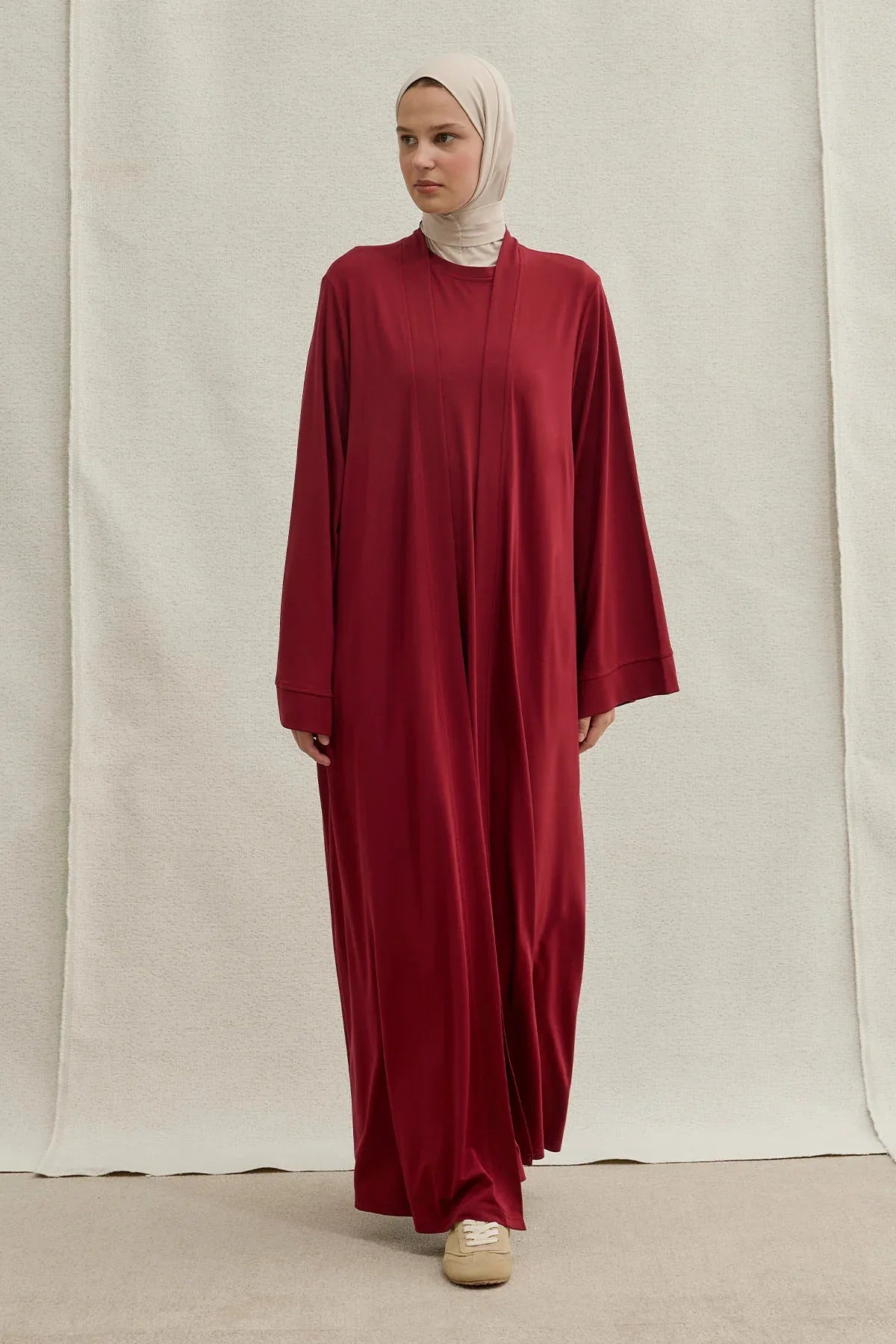 Active Modest Spor Geniş Kol Bordo İkili Abaya Takım